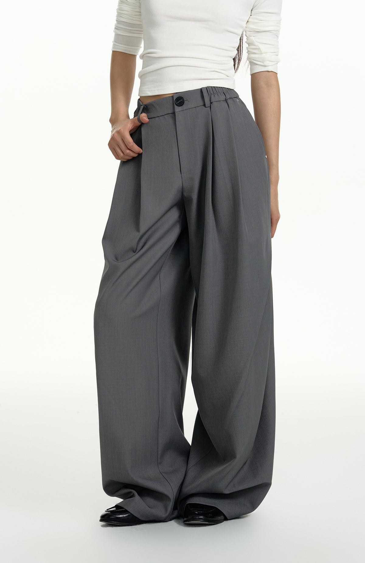 TGNS Elastic Waistband Pleated Wide-Leg Trousers