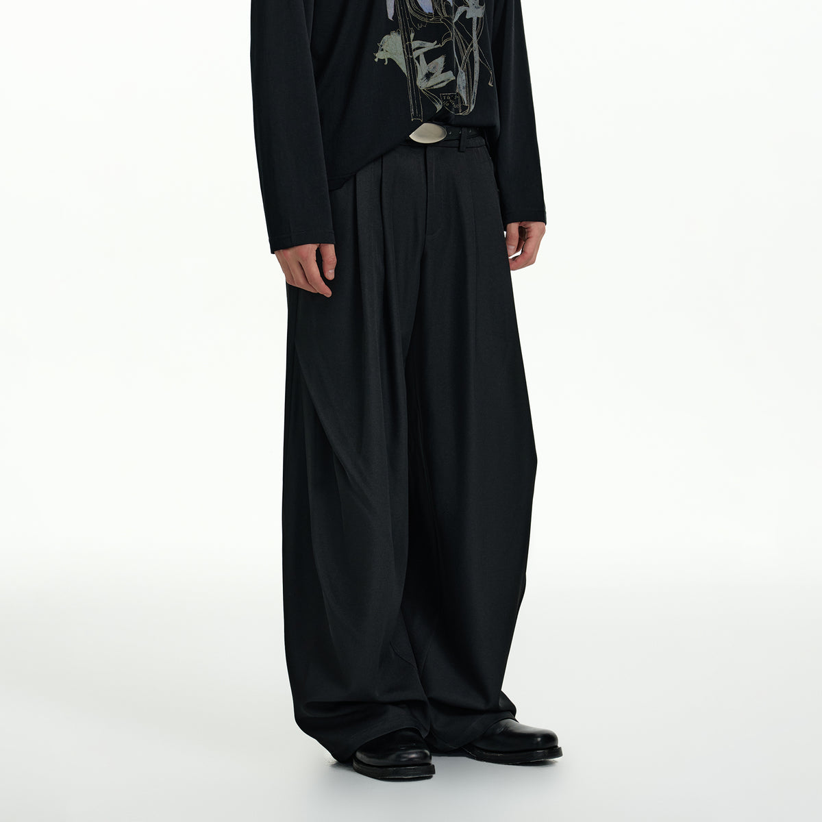 TGNS Elastic Waistband Pleated Wide-Leg Trousers