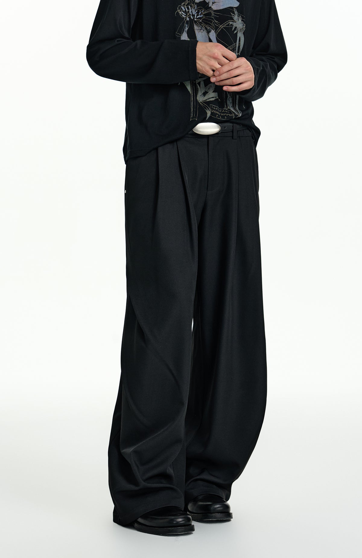 TGNS Elastic Waistband Pleated Wide-Leg Trousers