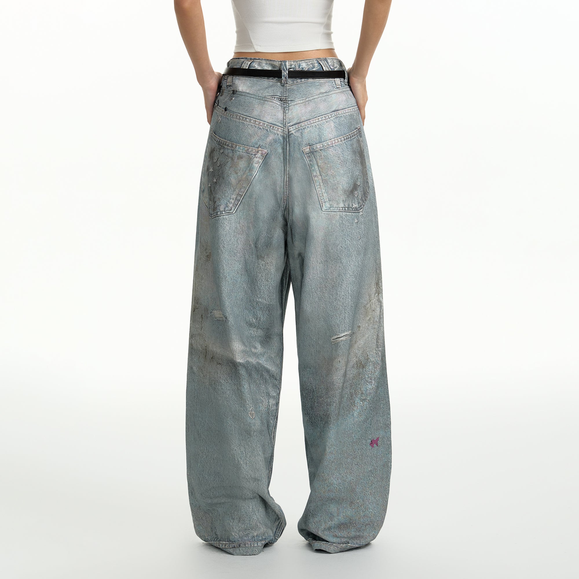 TGNS Beaded Graphic Distressed Oversized Jeans