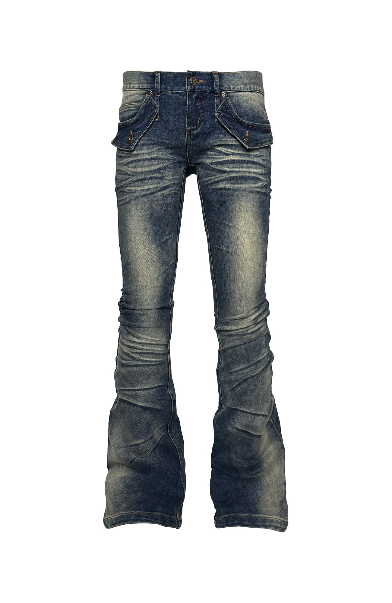 PCCVISION Washed Flap Pockets Slim Flared Jeans