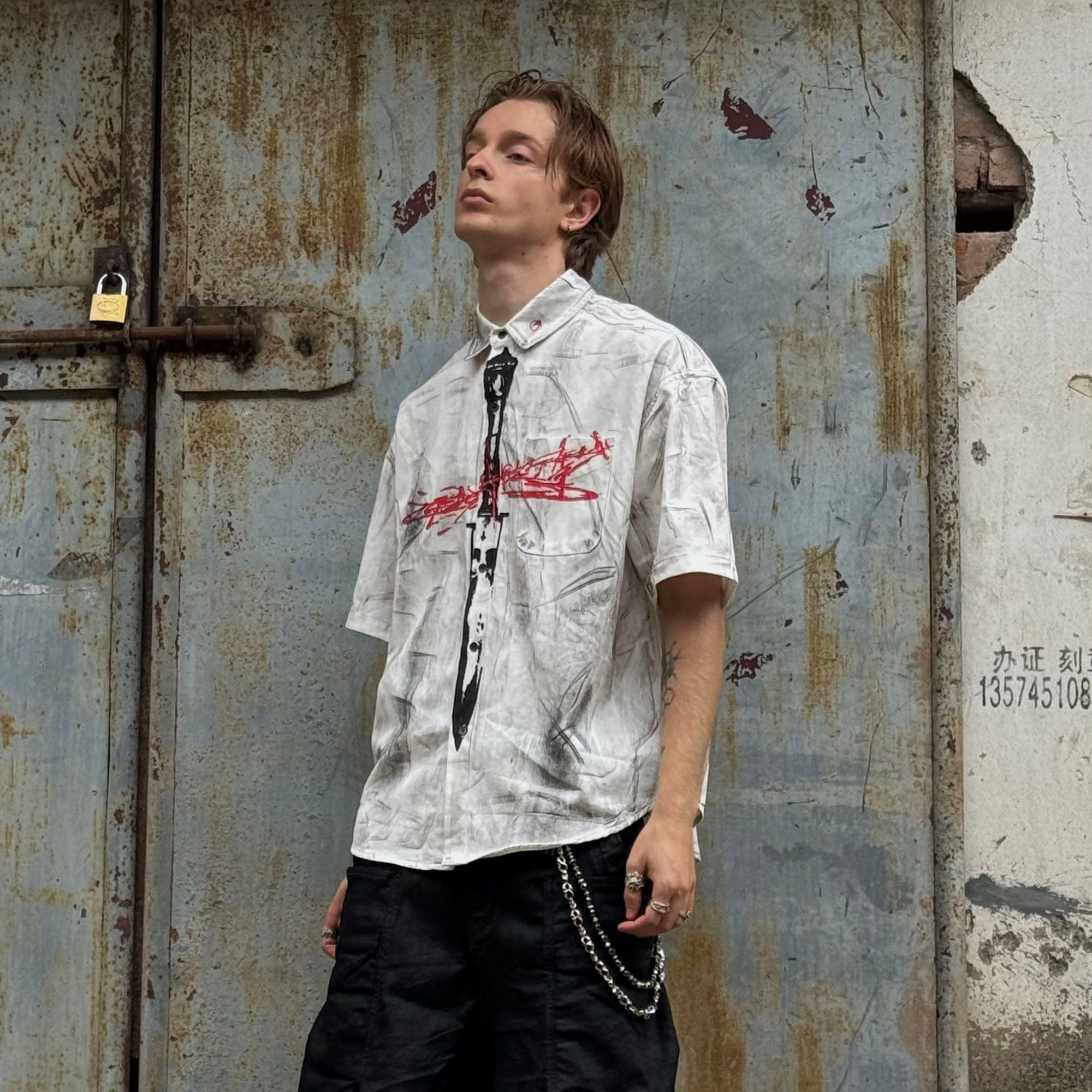 LUUUCAM Graffiti Blade Graphic Half Shirt, premium urban and streetwear designers apparel on PROJECTISR.com, LUUUCAM