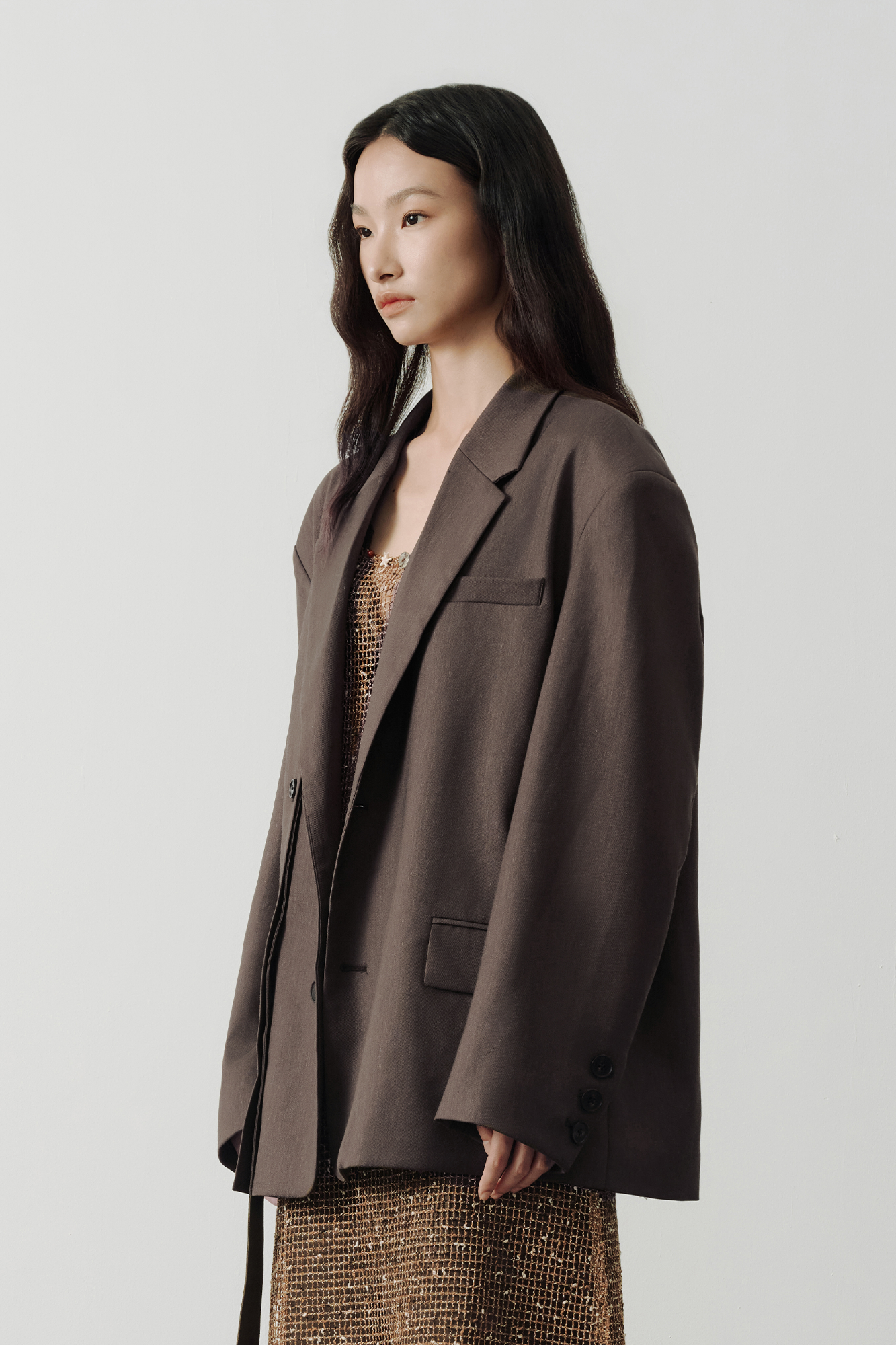 SAME FLOW Linen-Blend Split Hem Draped-Tie Blazer