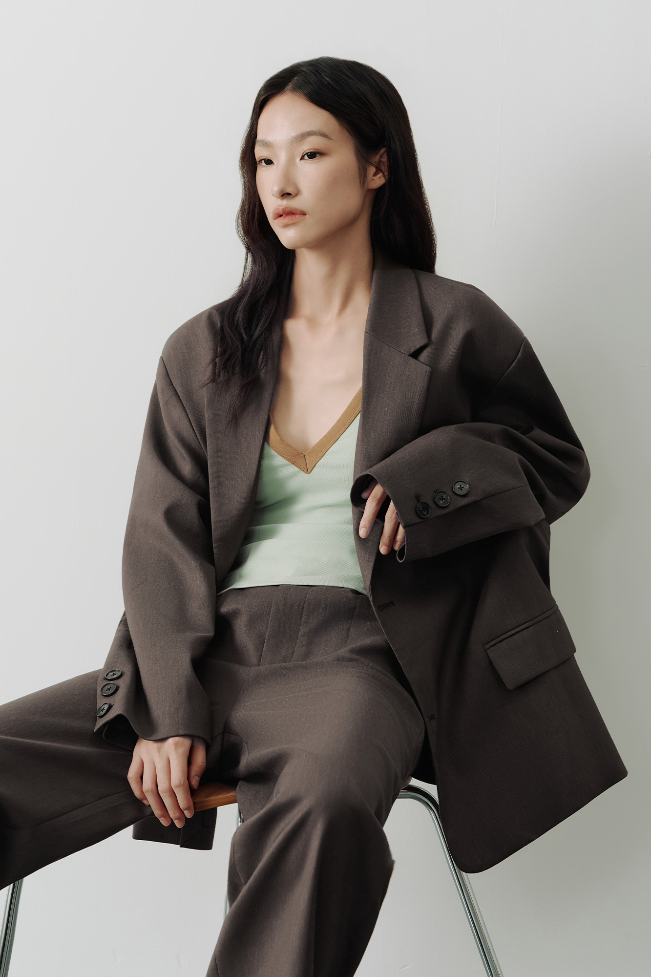 SAME FLOW Linen-Blend Split Hem Draped-Tie Blazer