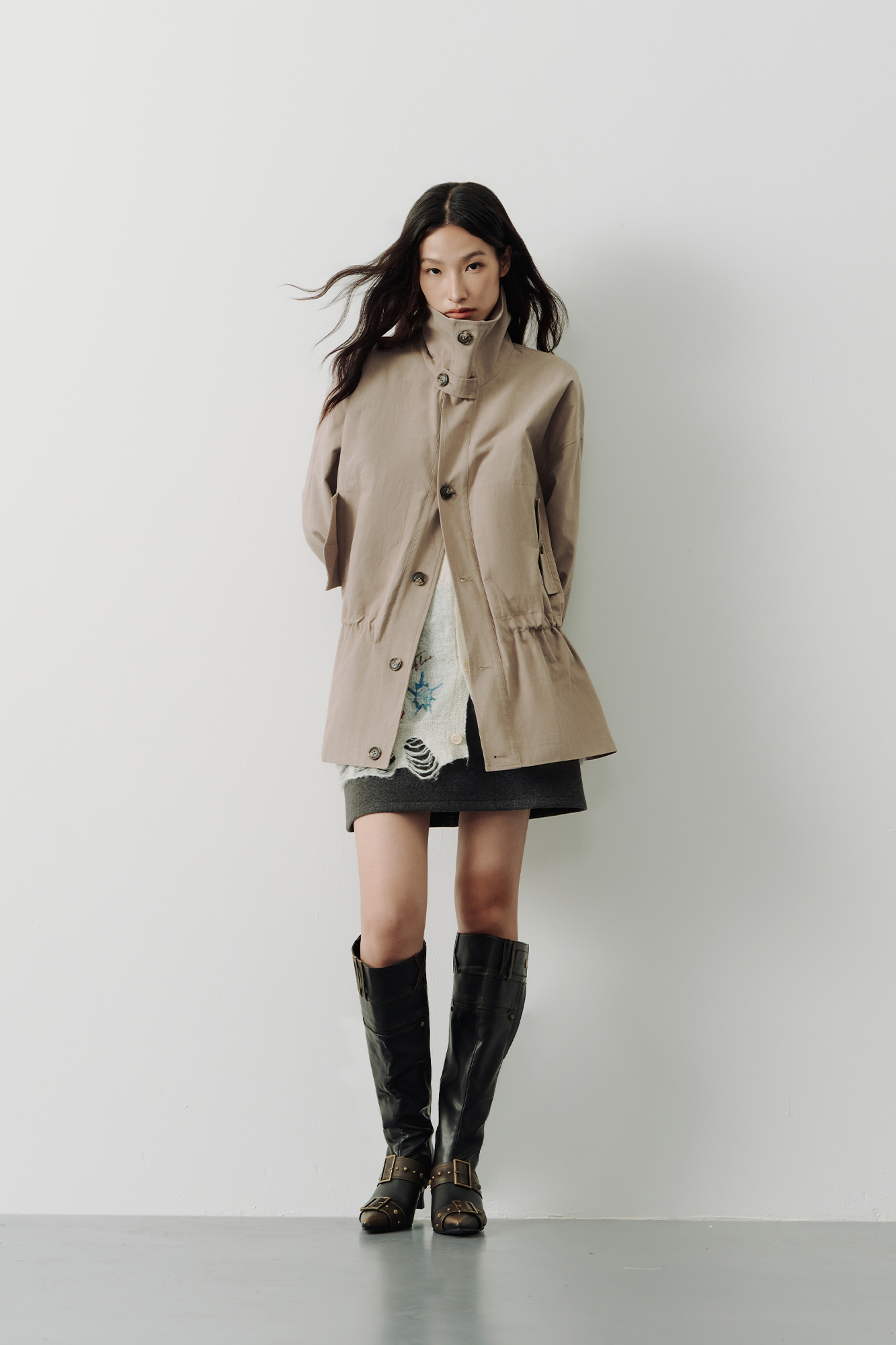 SAME FLOW Stand-Collar Drawstring-Waist Jacket