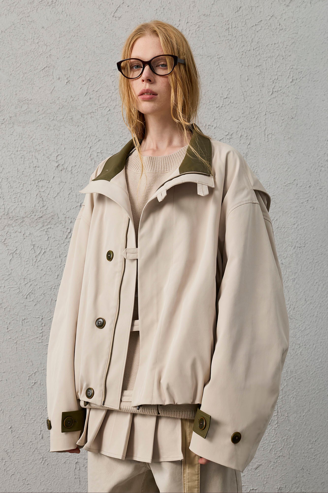 ORGANIC EMOTION Stand Collar PU Drawstring Jacket