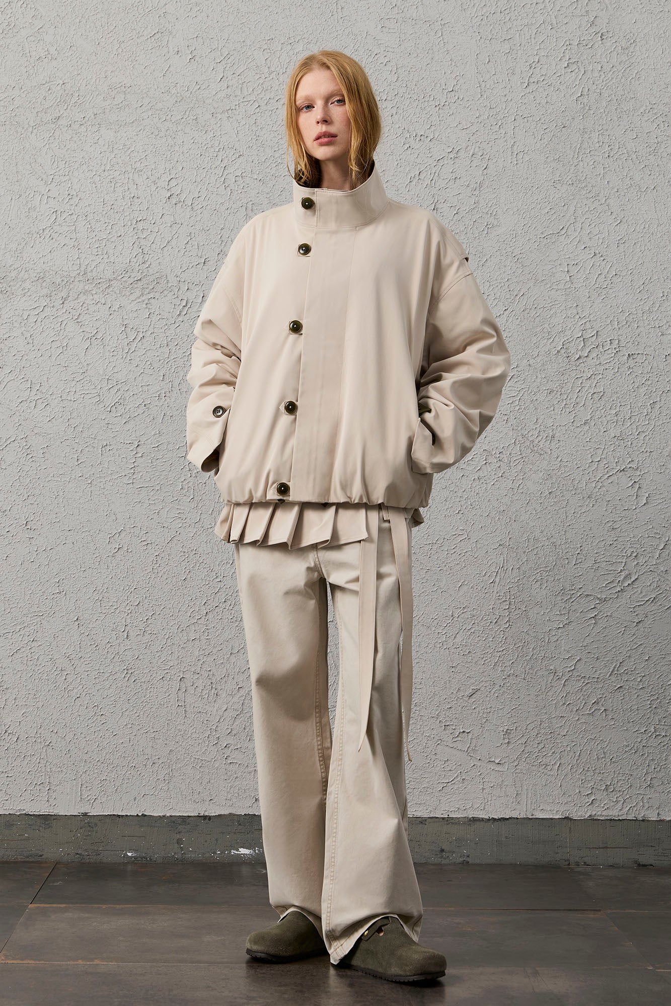 ORGANIC EMOTION Stand Collar PU Drawstring Jacket