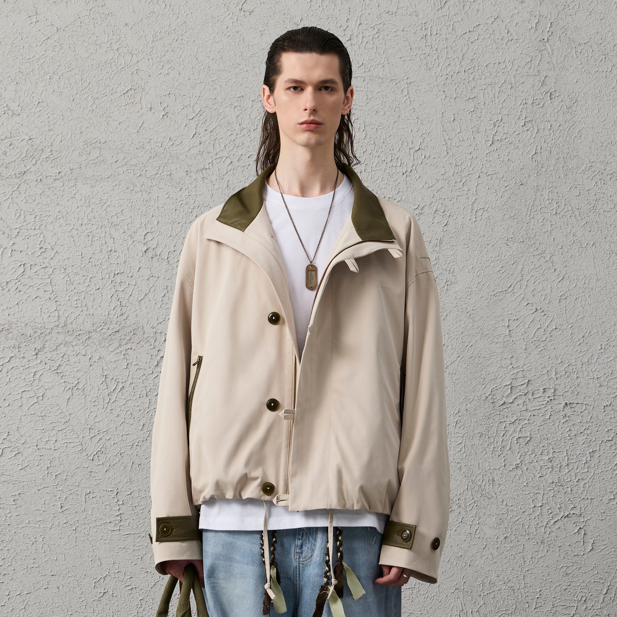 ORGANIC EMOTION Stand Collar PU Drawstring Jacket