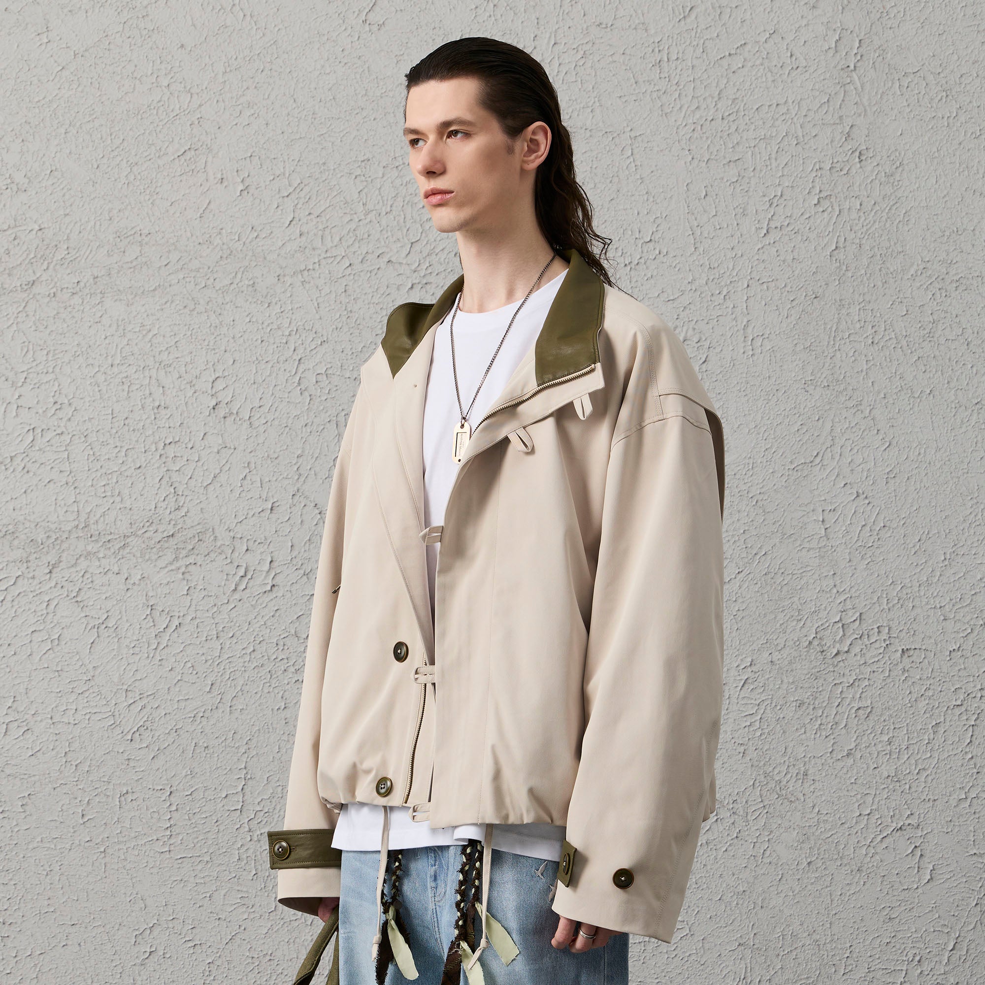 ORGANIC EMOTION Stand Collar PU Drawstring Jacket