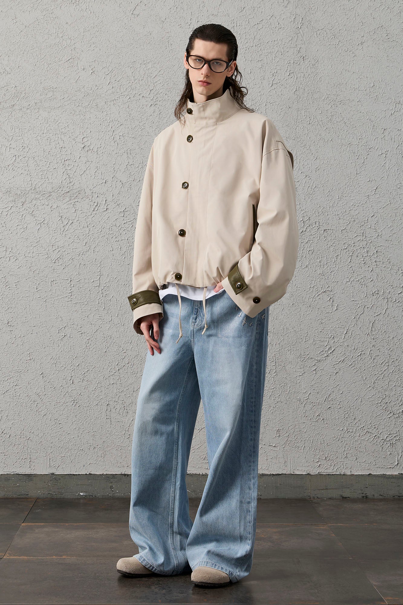 ORGANIC EMOTION Stand Collar PU Drawstring Jacket