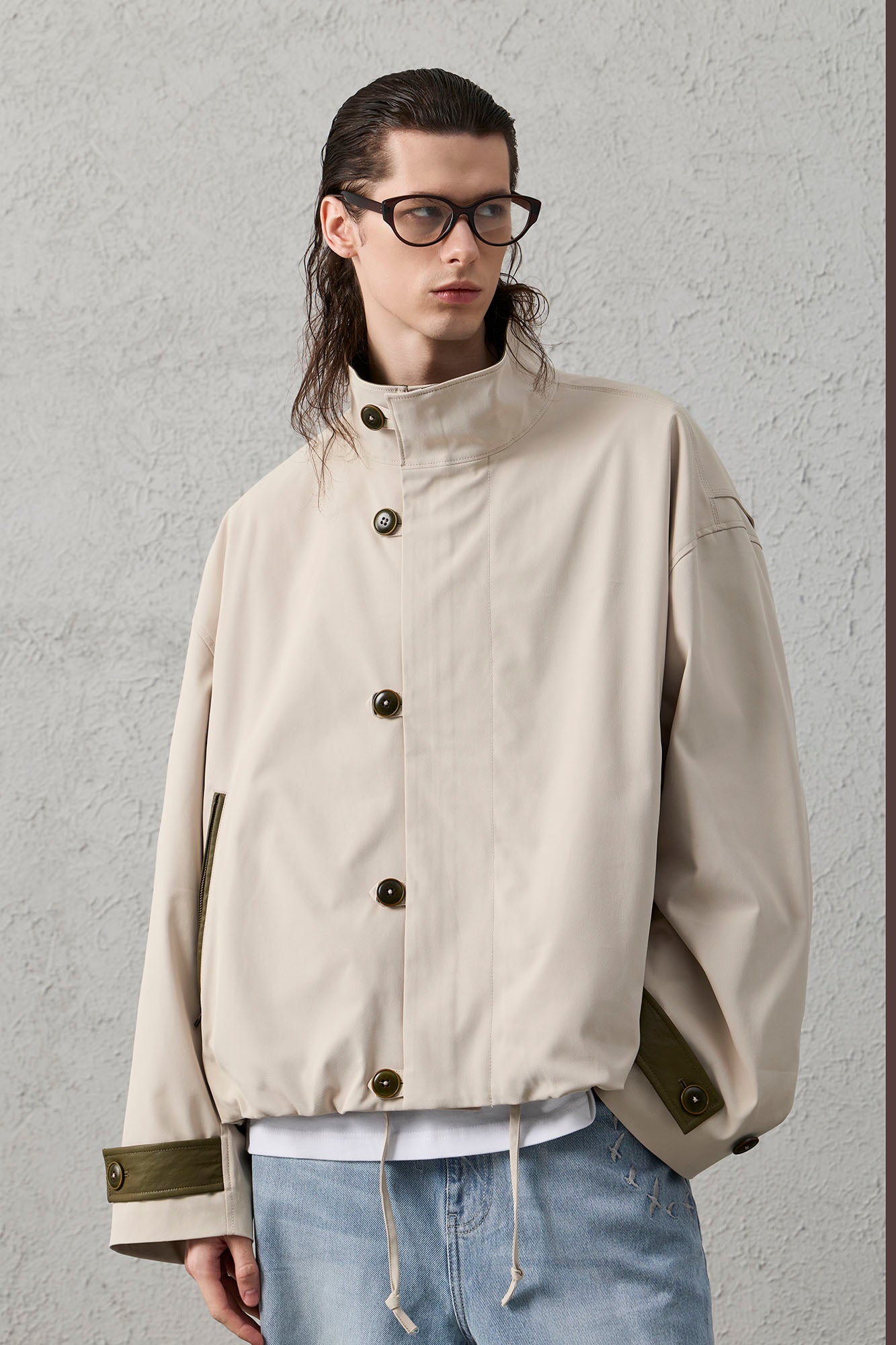 ORGANIC EMOTION Stand Collar PU Drawstring Jacket