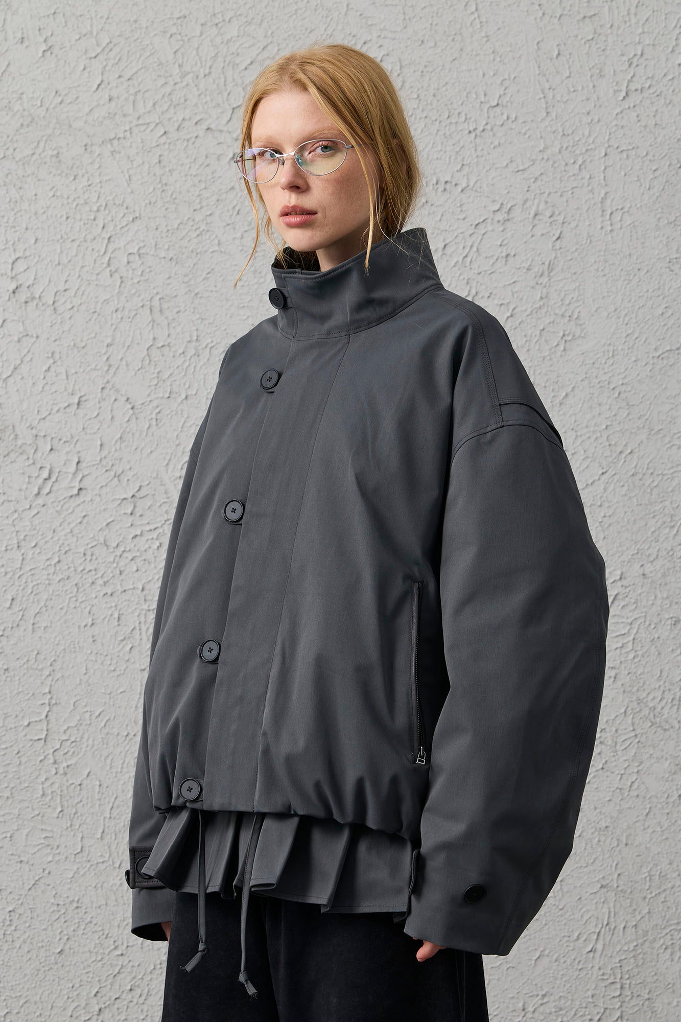ORGANIC EMOTION Stand Collar PU Drawstring Jacket