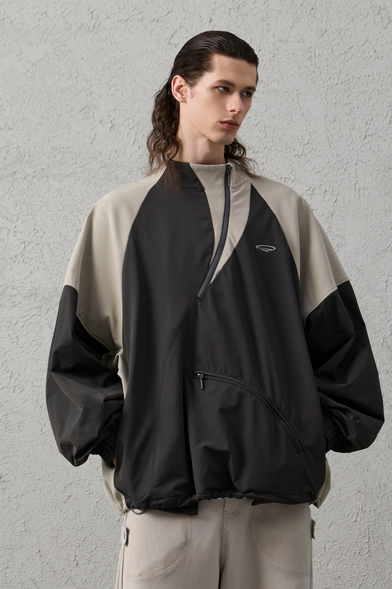 ORGANIC EMOTION Contrast Diagonal Half Zip Oversized  Windbreaker