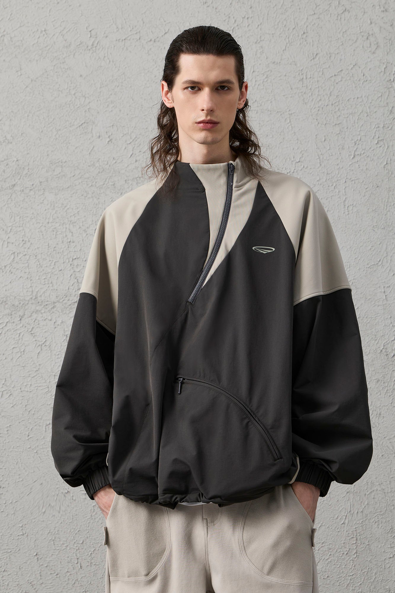 ORGANIC EMOTION Contrast Diagonal Half Zip Oversized  Windbreaker