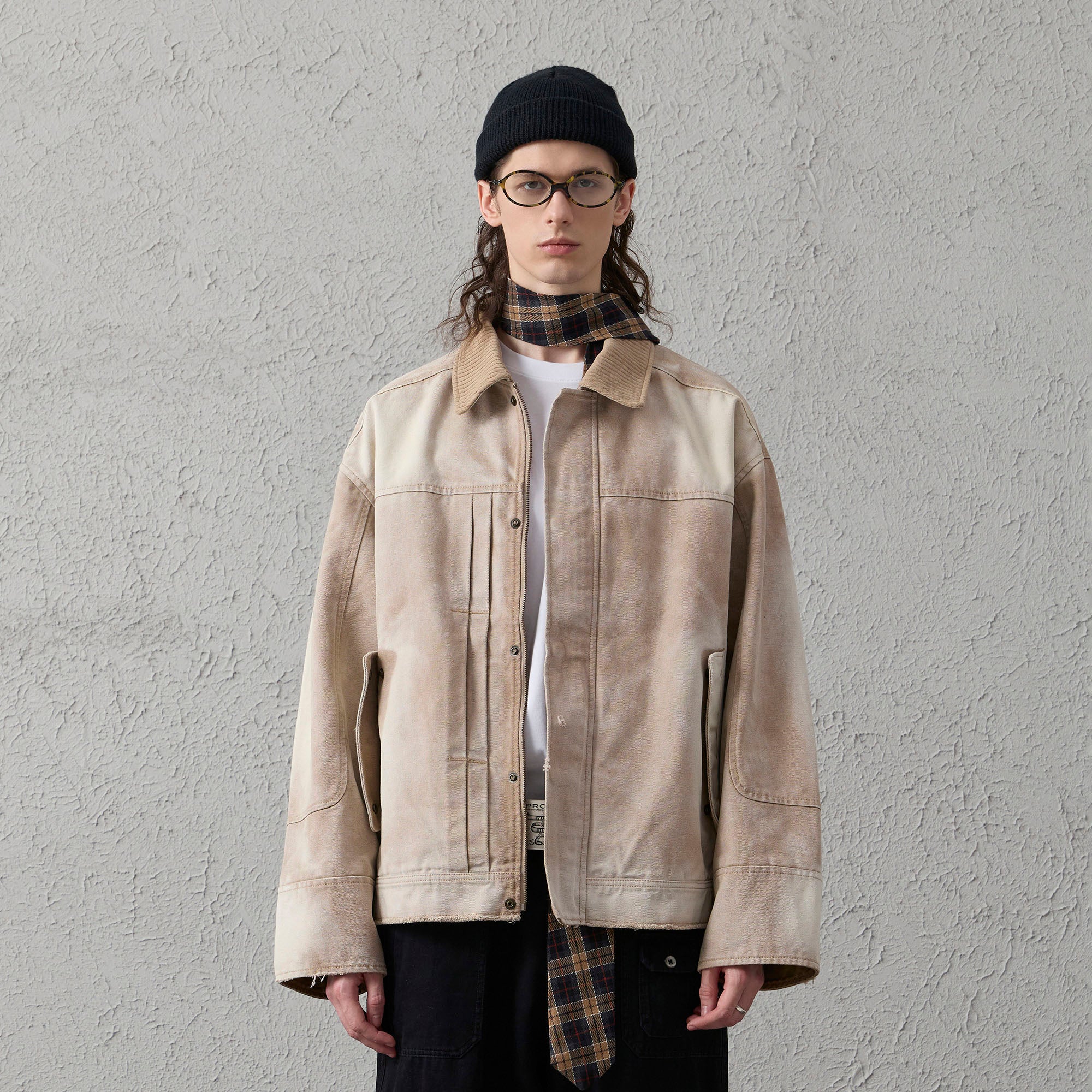 ORGANIC EMOTION Washed Contrast Collar Oversized Snap Jacket