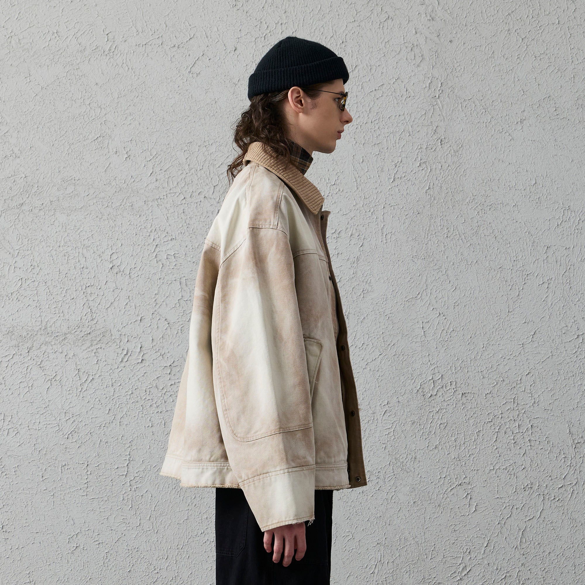 ORGANIC EMOTION Washed Contrast Collar Oversized Snap Jacket