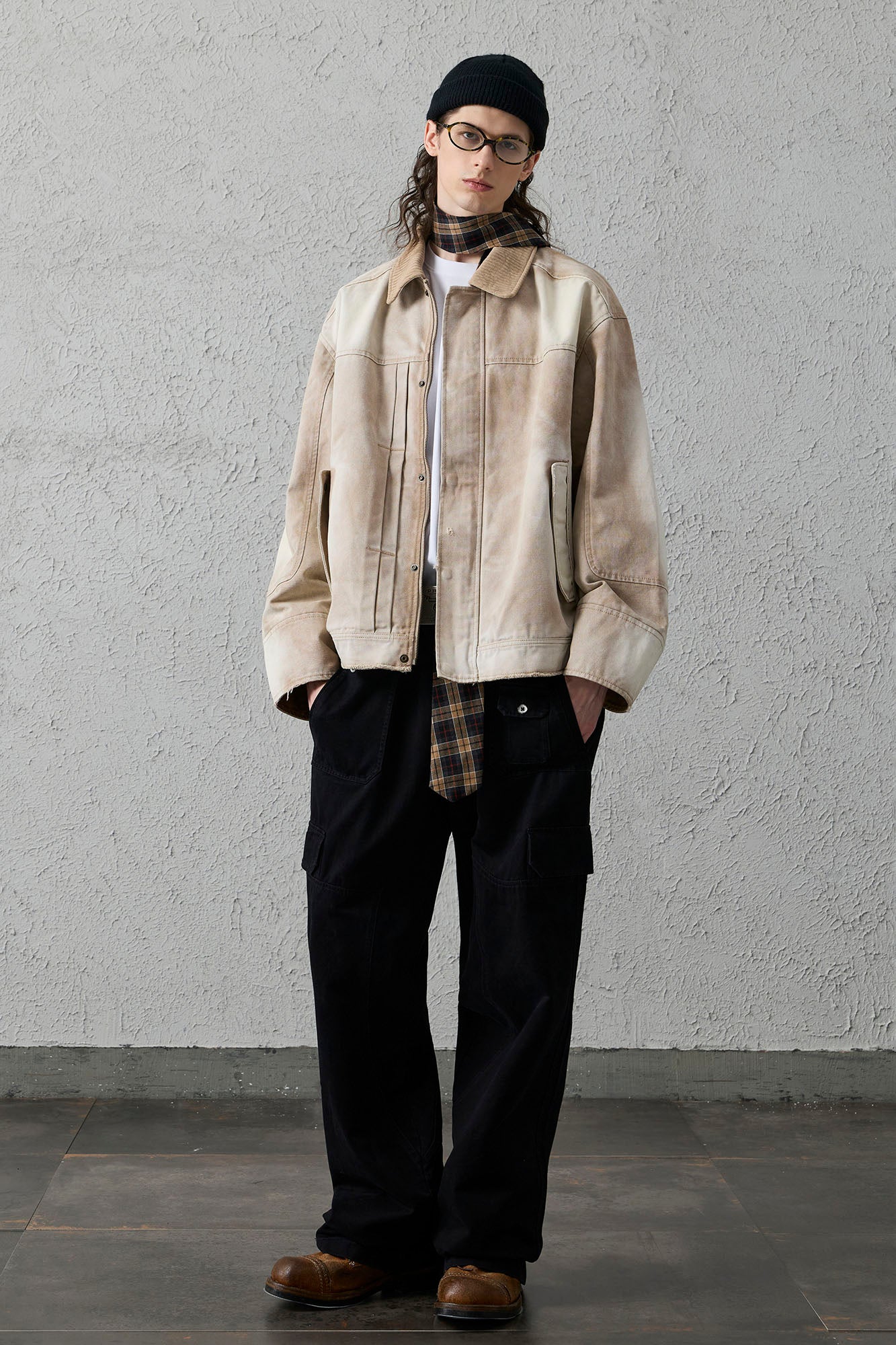 ORGANIC EMOTION Washed Contrast Collar Oversized Snap Jacket