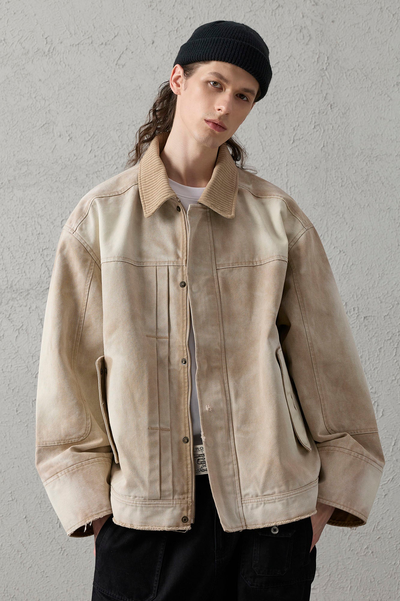 ORGANIC EMOTION Washed Contrast Collar Oversized Snap Jacket