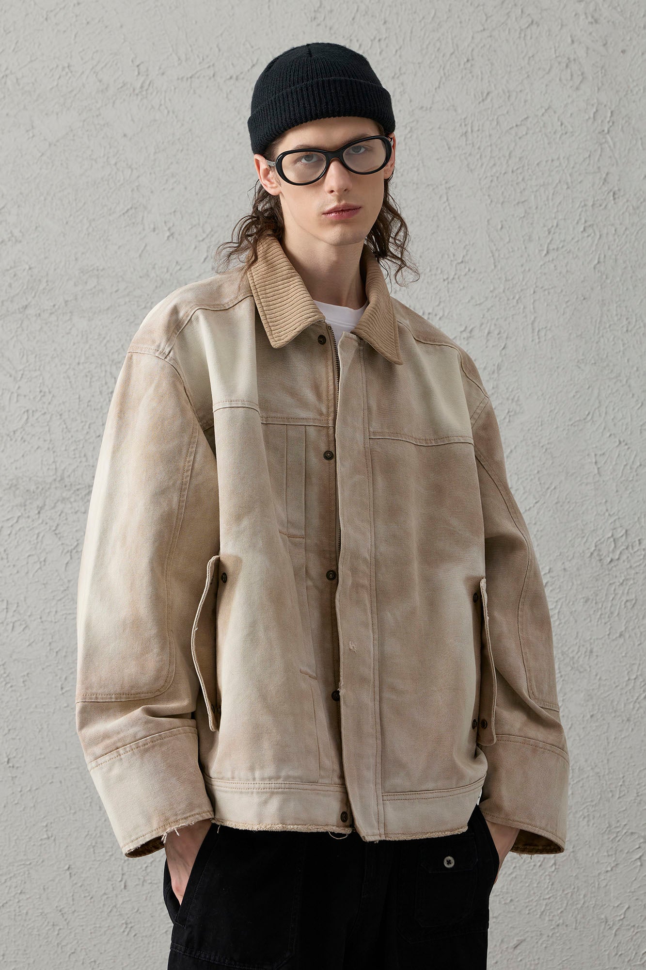 ORGANIC EMOTION Washed Contrast Collar Oversized Snap Jacket