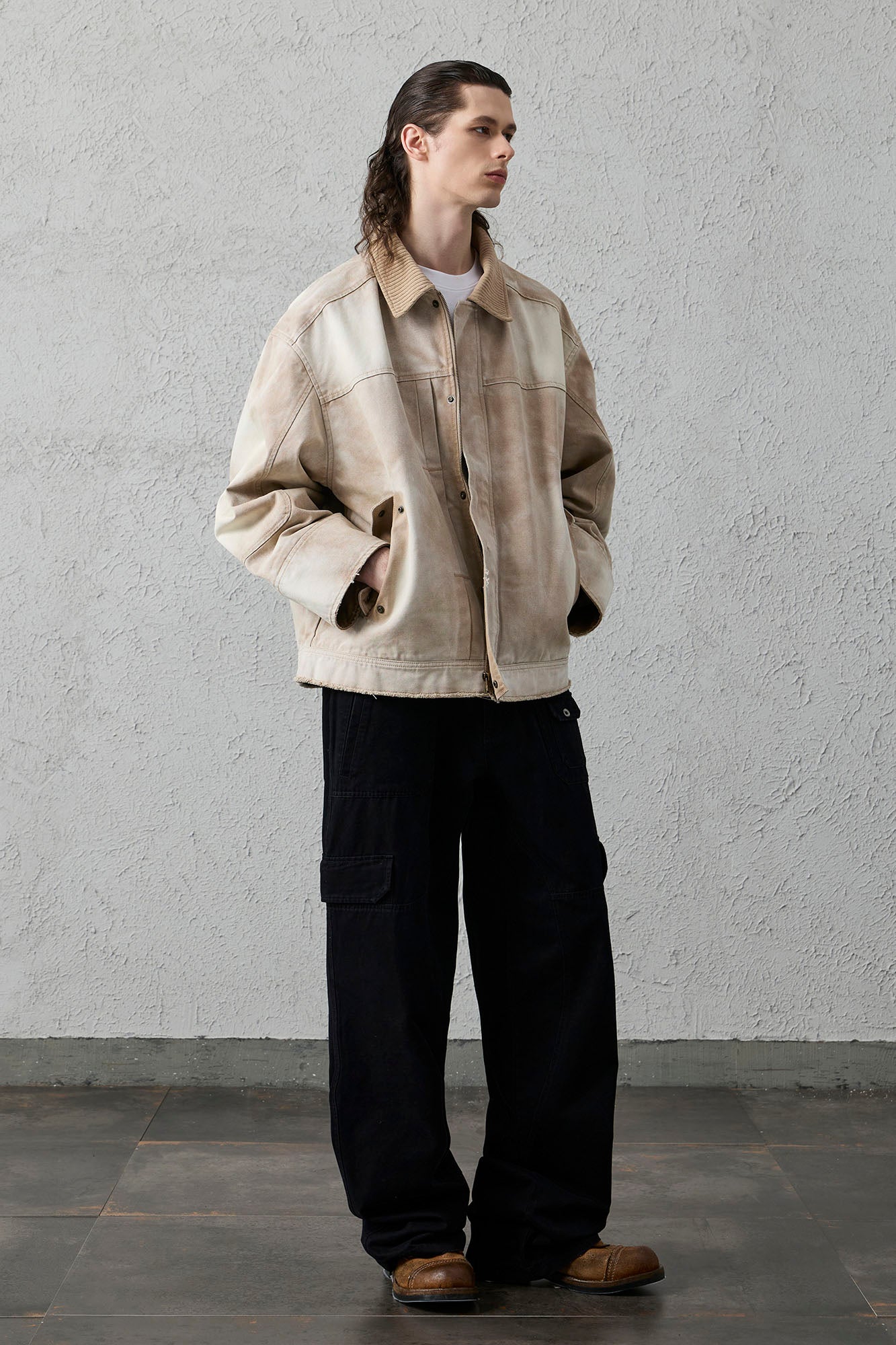 ORGANIC EMOTION Washed Contrast Collar Oversized Snap Jacket