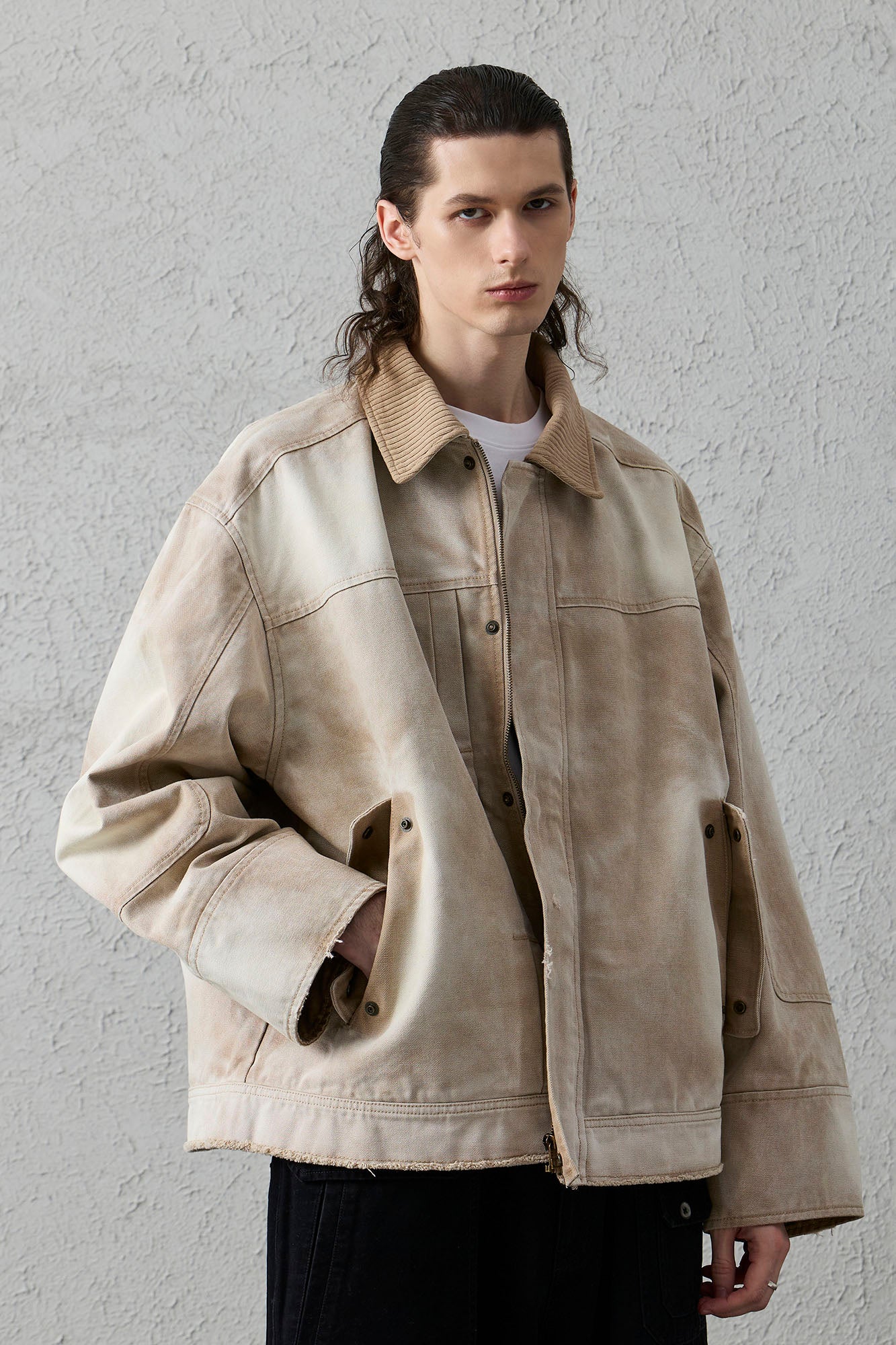 ORGANIC EMOTION Washed Contrast Collar Oversized Snap Jacket