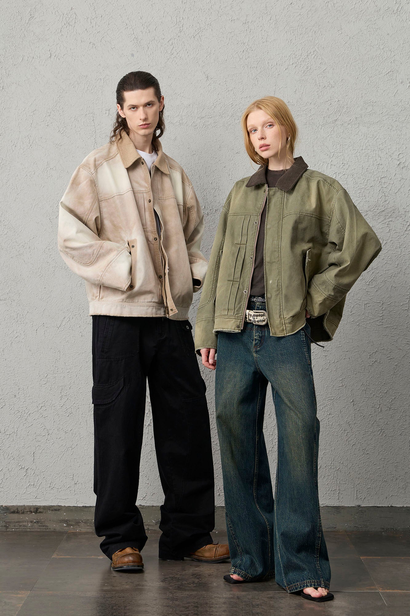 ORGANIC EMOTION Washed Contrast Collar Oversized Snap Jacket