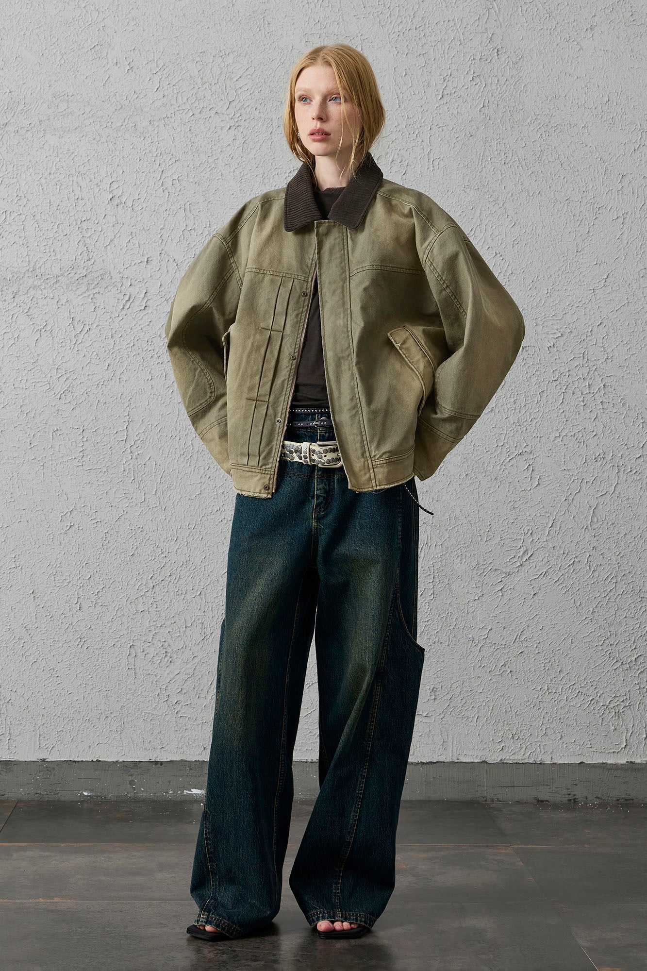 ORGANIC EMOTION Washed Contrast Collar Oversized Snap Jacket
