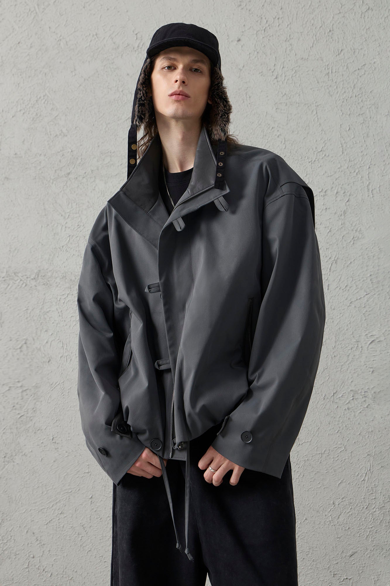 ORGANIC EMOTION Stand Collar PU Drawstring Jacket