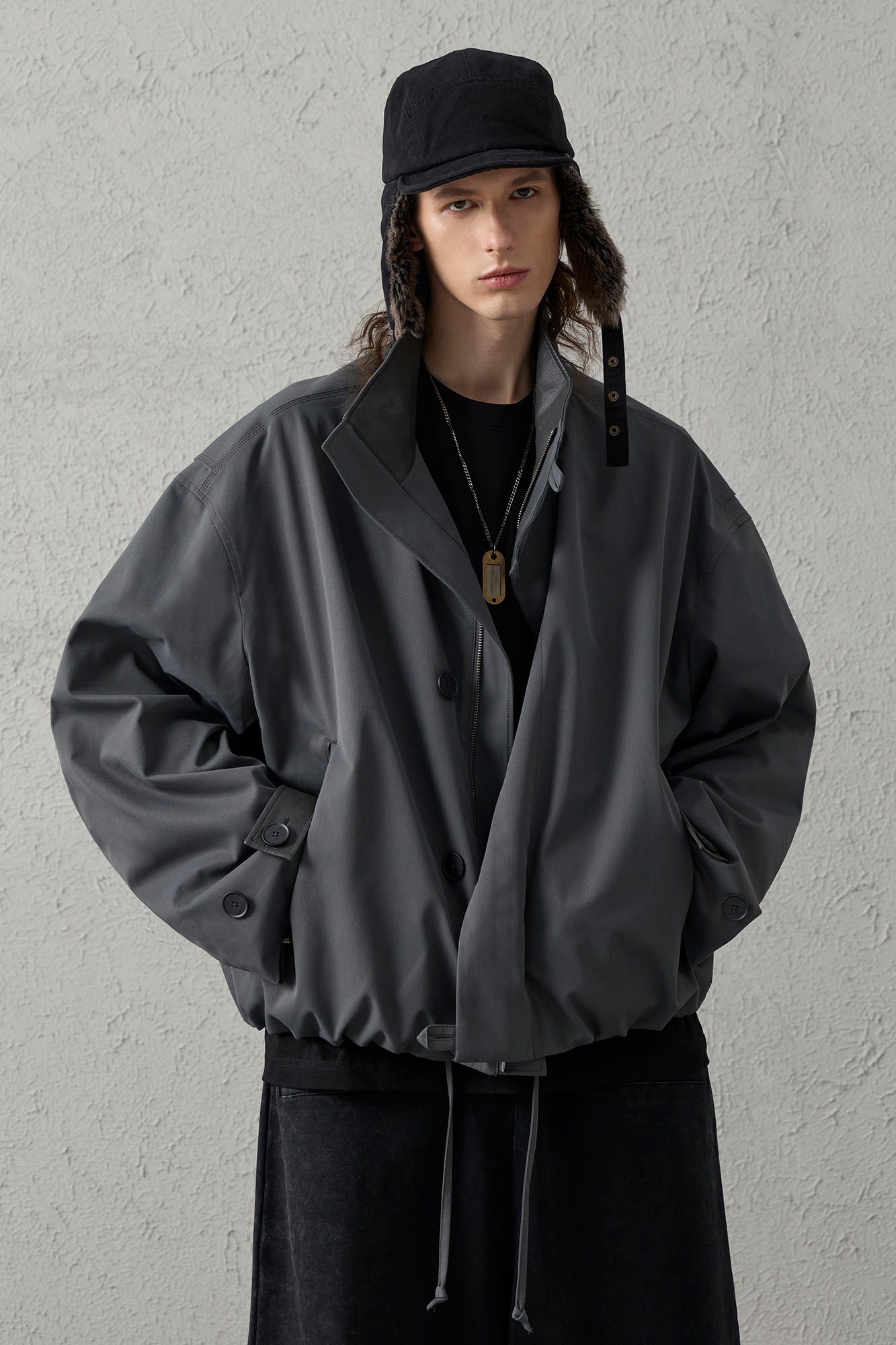ORGANIC EMOTION Stand Collar PU Drawstring Jacket