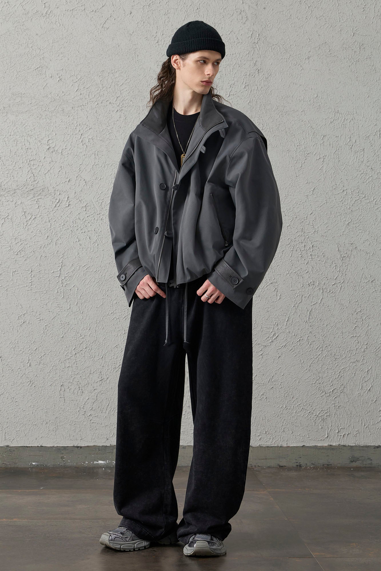 ORGANIC EMOTION Stand Collar PU Drawstring Jacket