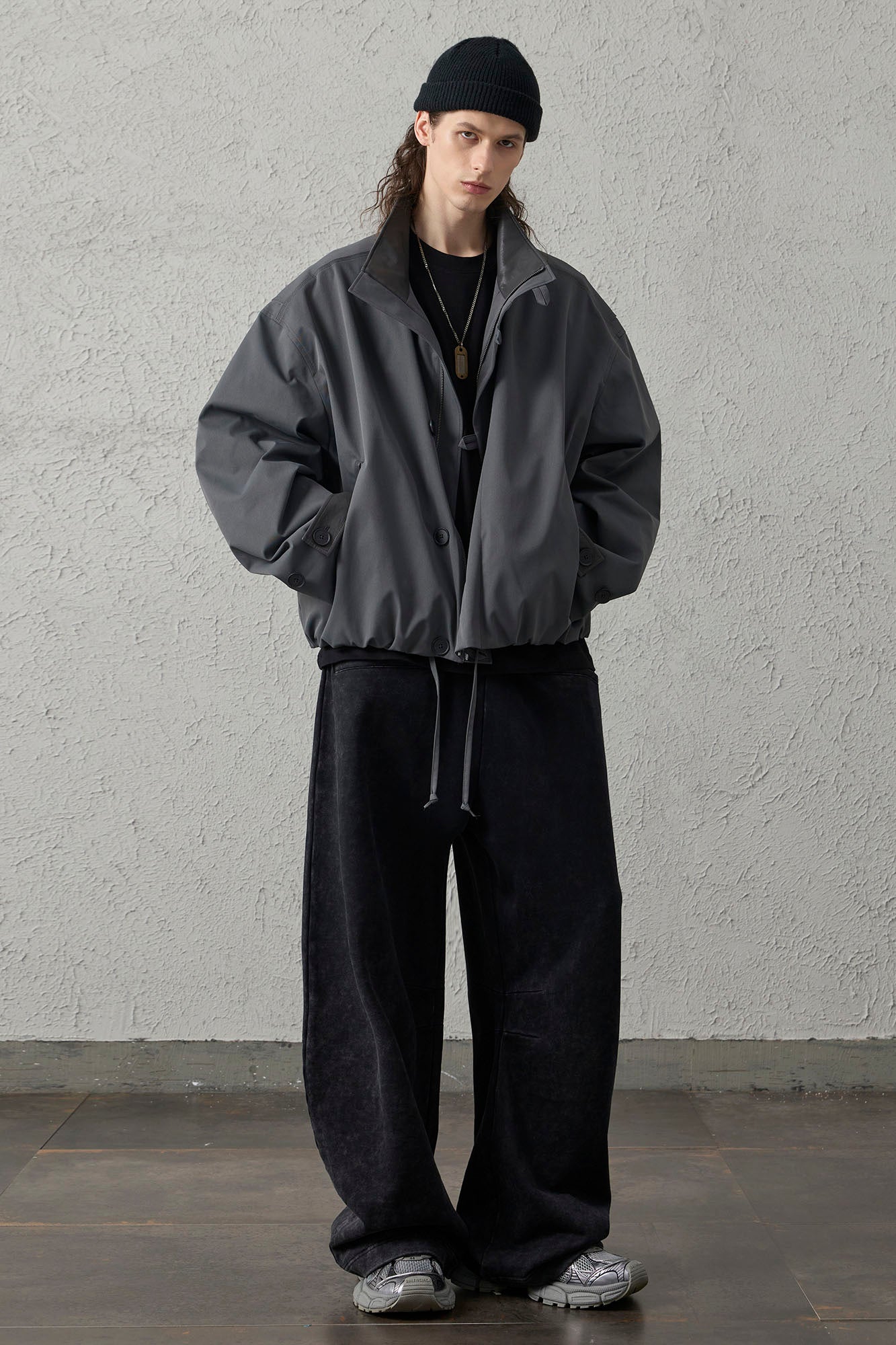 ORGANIC EMOTION Stand Collar PU Drawstring Jacket