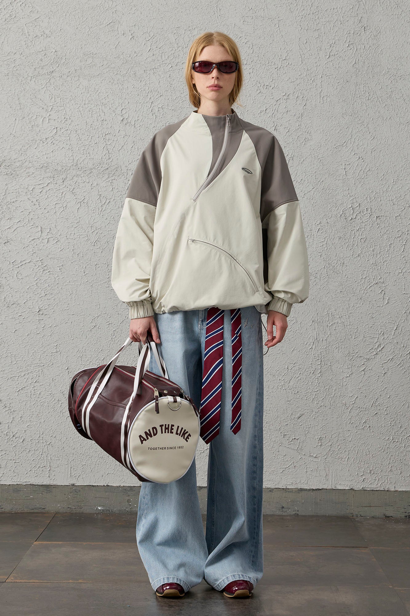 ORGANIC EMOTION Contrast Diagonal Half Zip Oversized  Windbreaker