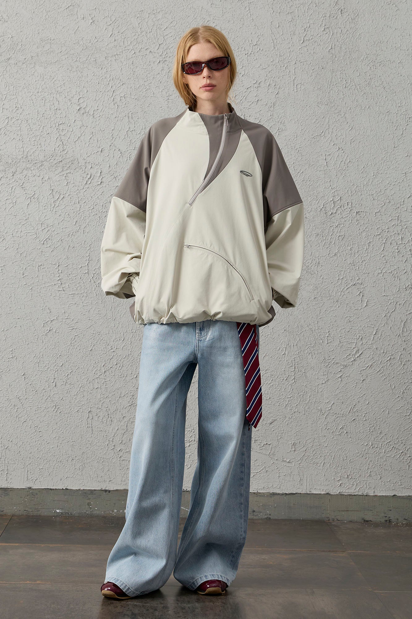 ORGANIC EMOTION Contrast Diagonal Half Zip Oversized  Windbreaker