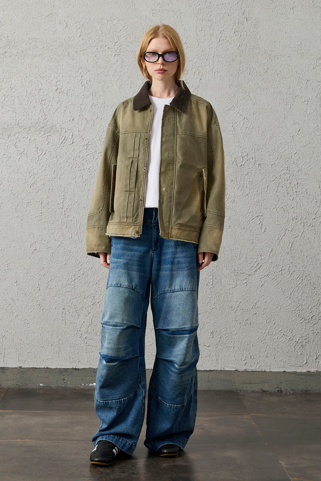ORGANIC EMOTION Washed Contrast Collar Oversized Snap Jacket