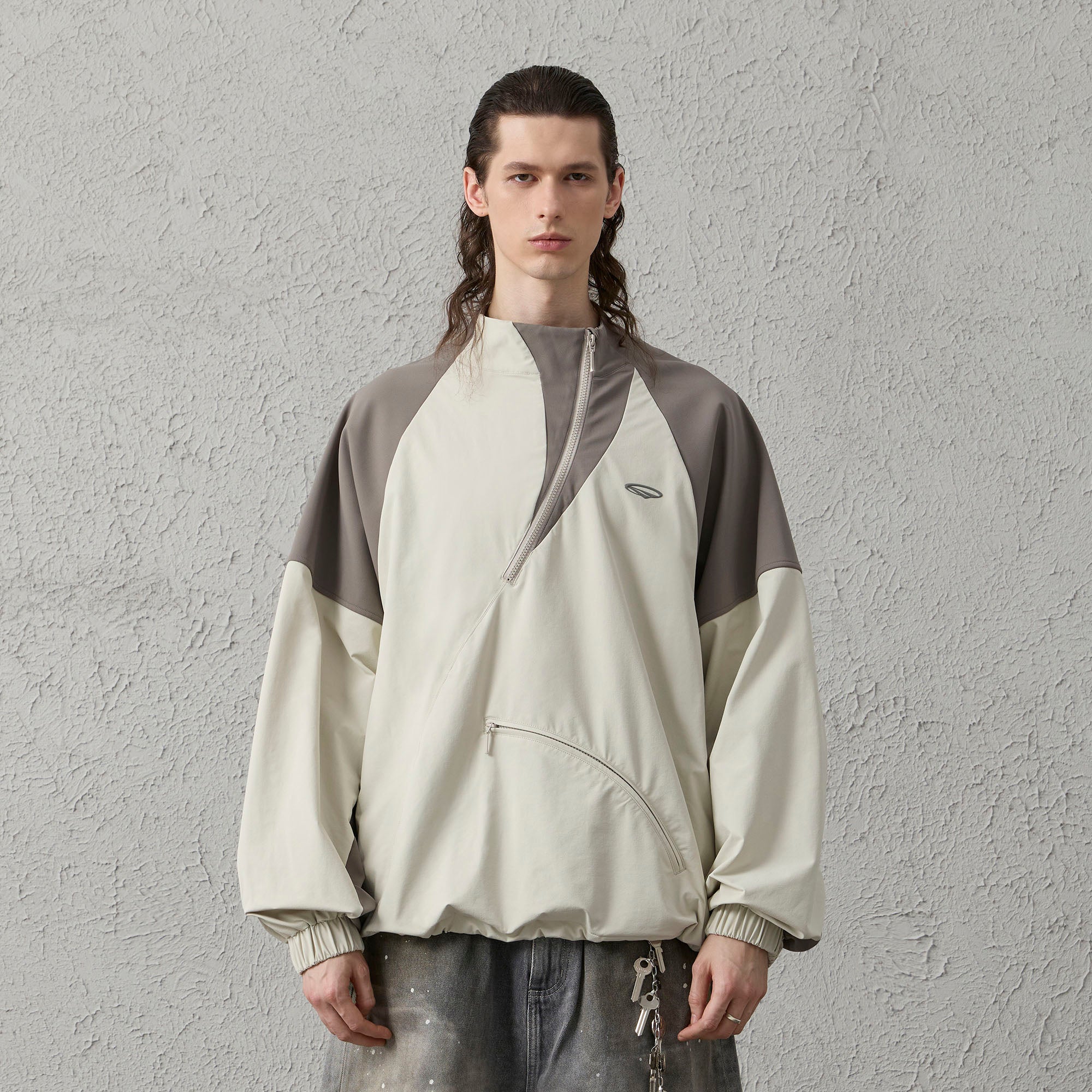 ORGANIC EMOTION Contrast Diagonal Half Zip Oversized  Windbreaker