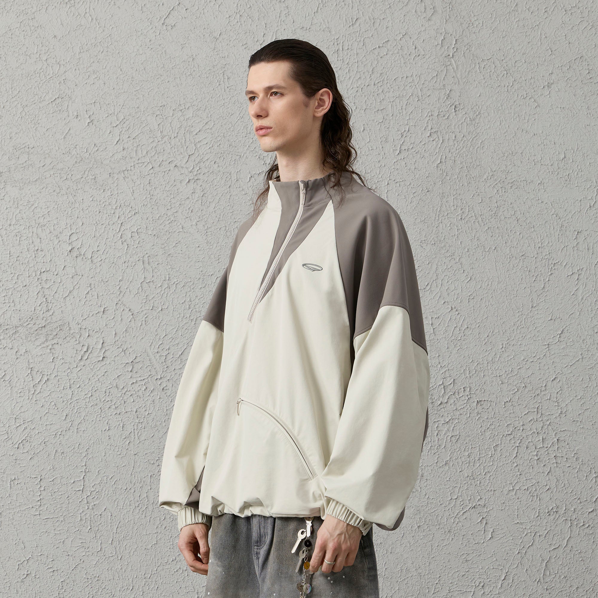 ORGANIC EMOTION Contrast Diagonal Half Zip Oversized  Windbreaker