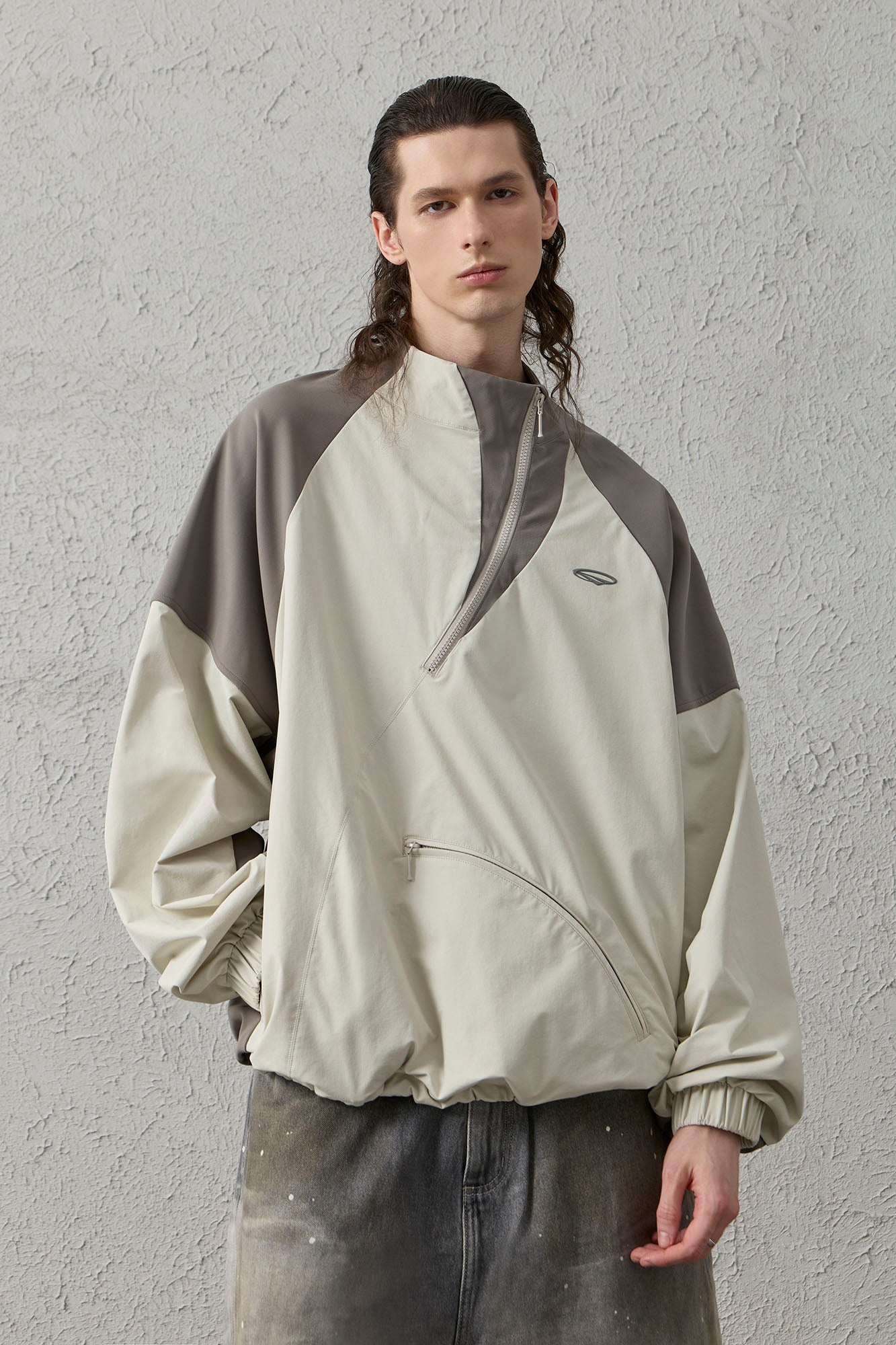 ORGANIC EMOTION Contrast Diagonal Half Zip Oversized  Windbreaker
