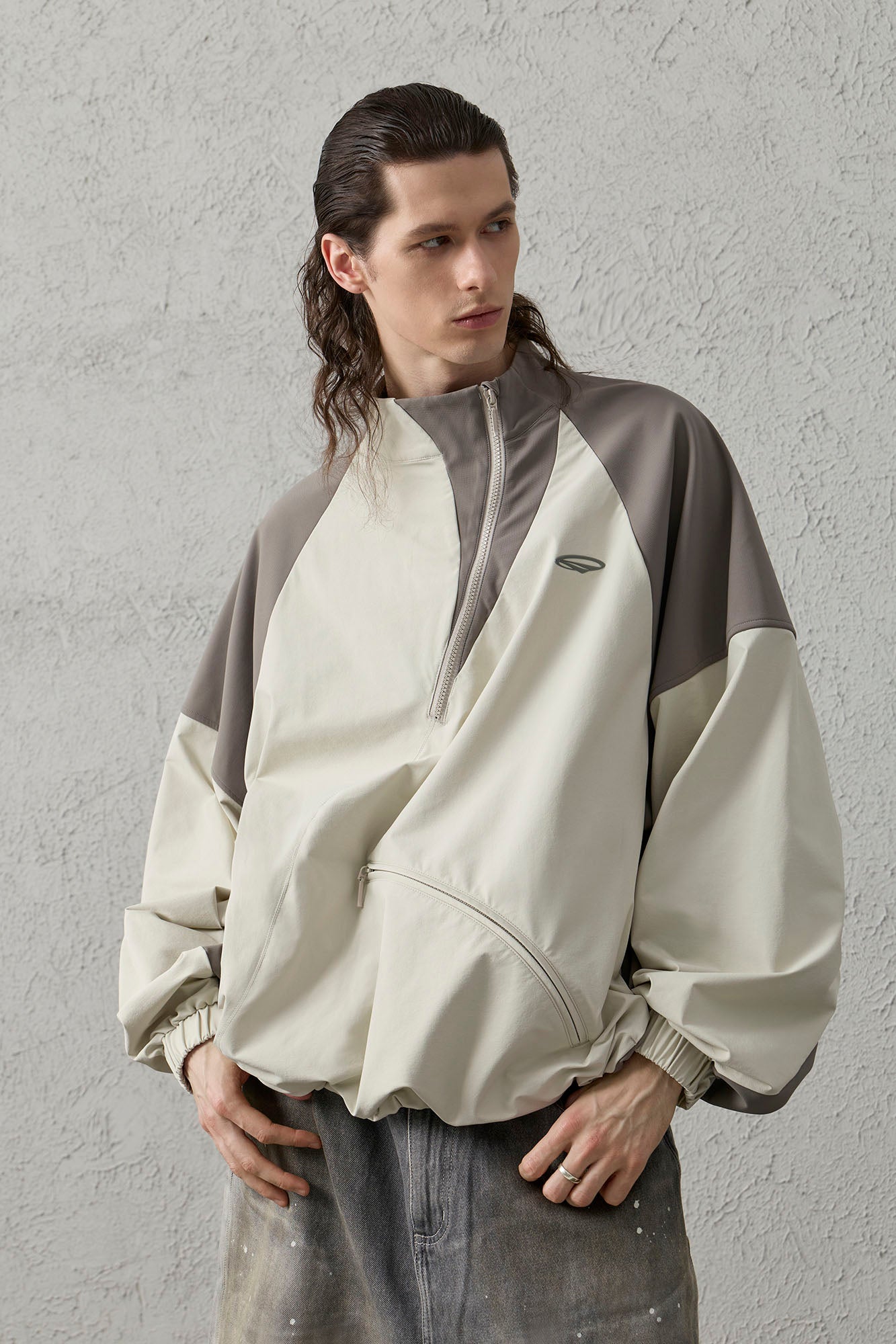 ORGANIC EMOTION Contrast Diagonal Half Zip Oversized  Windbreaker
