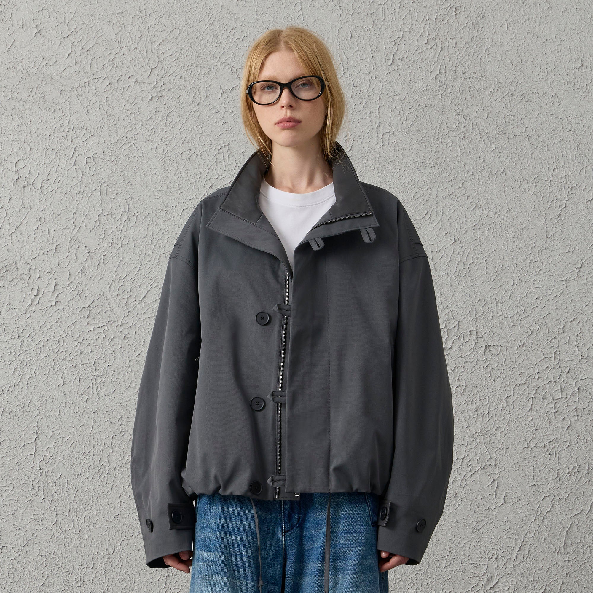 ORGANIC EMOTION Stand Collar PU Drawstring Jacket
