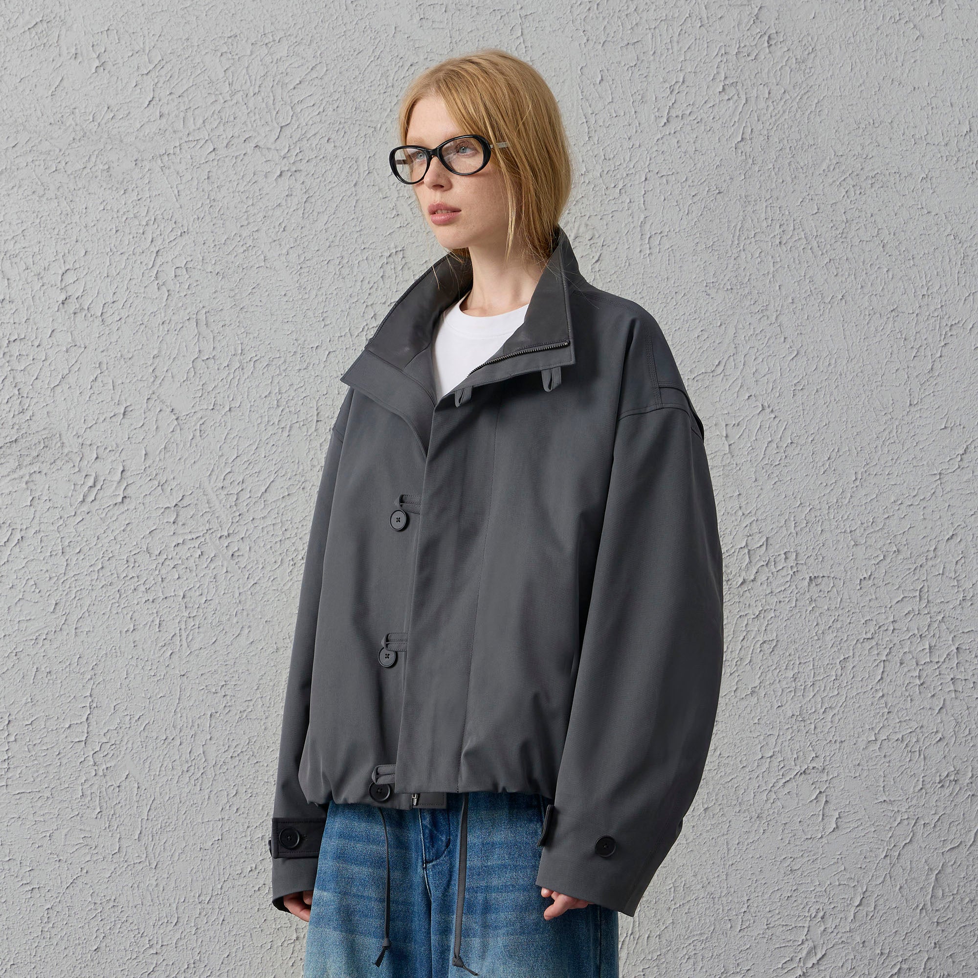 ORGANIC EMOTION Stand Collar PU Drawstring Jacket