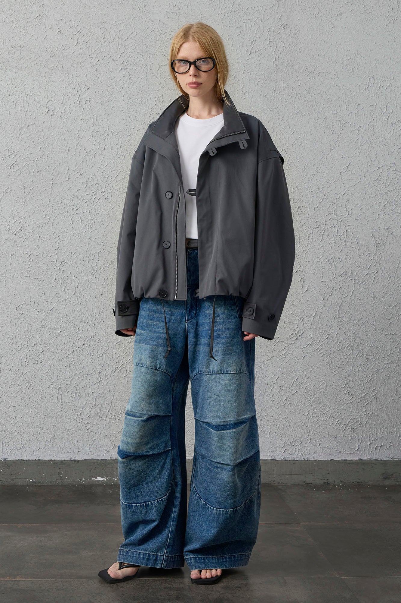 ORGANIC EMOTION Stand Collar PU Drawstring Jacket