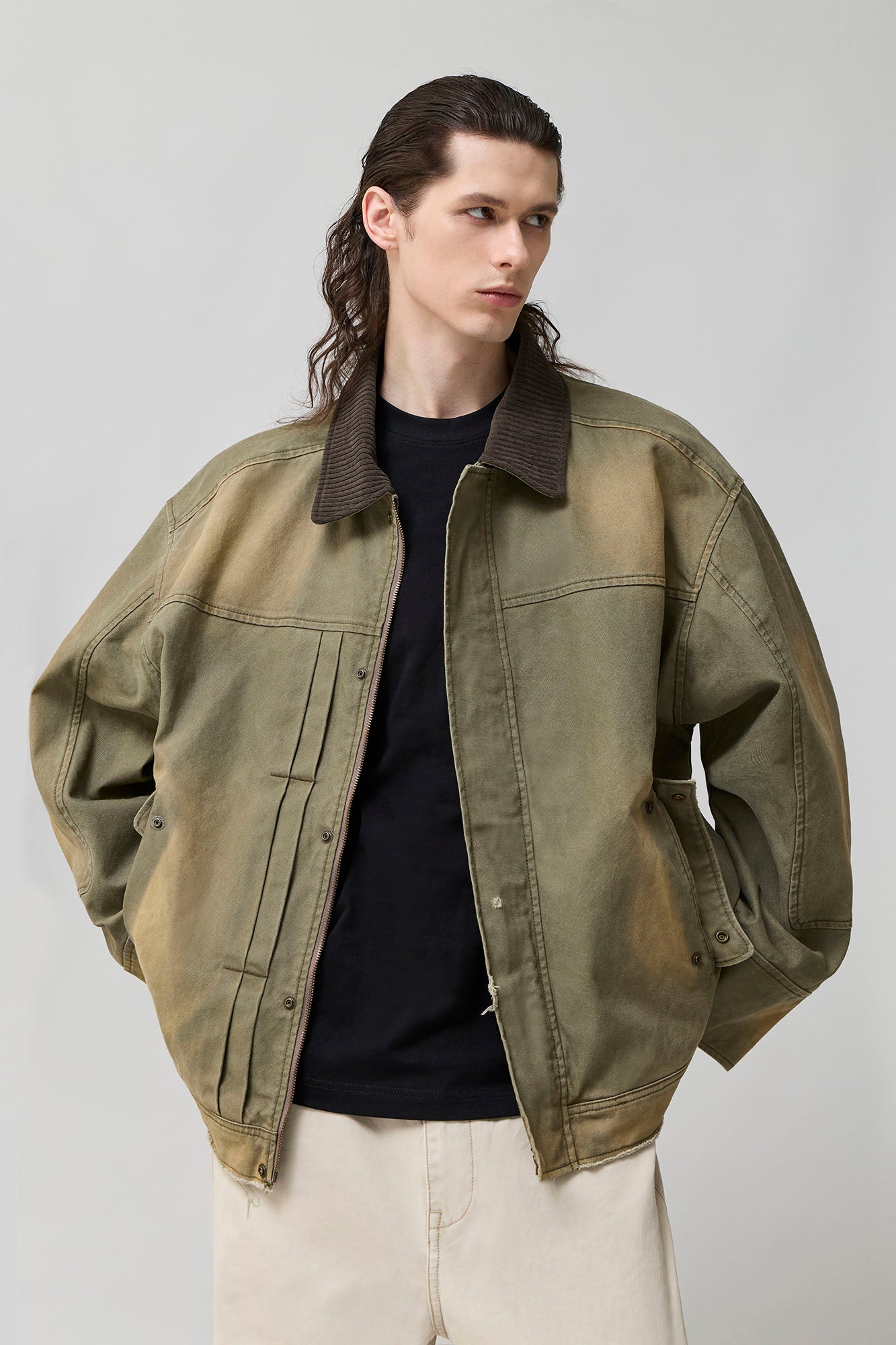 ORGANIC EMOTION Washed Contrast Collar Oversized Snap Jacket