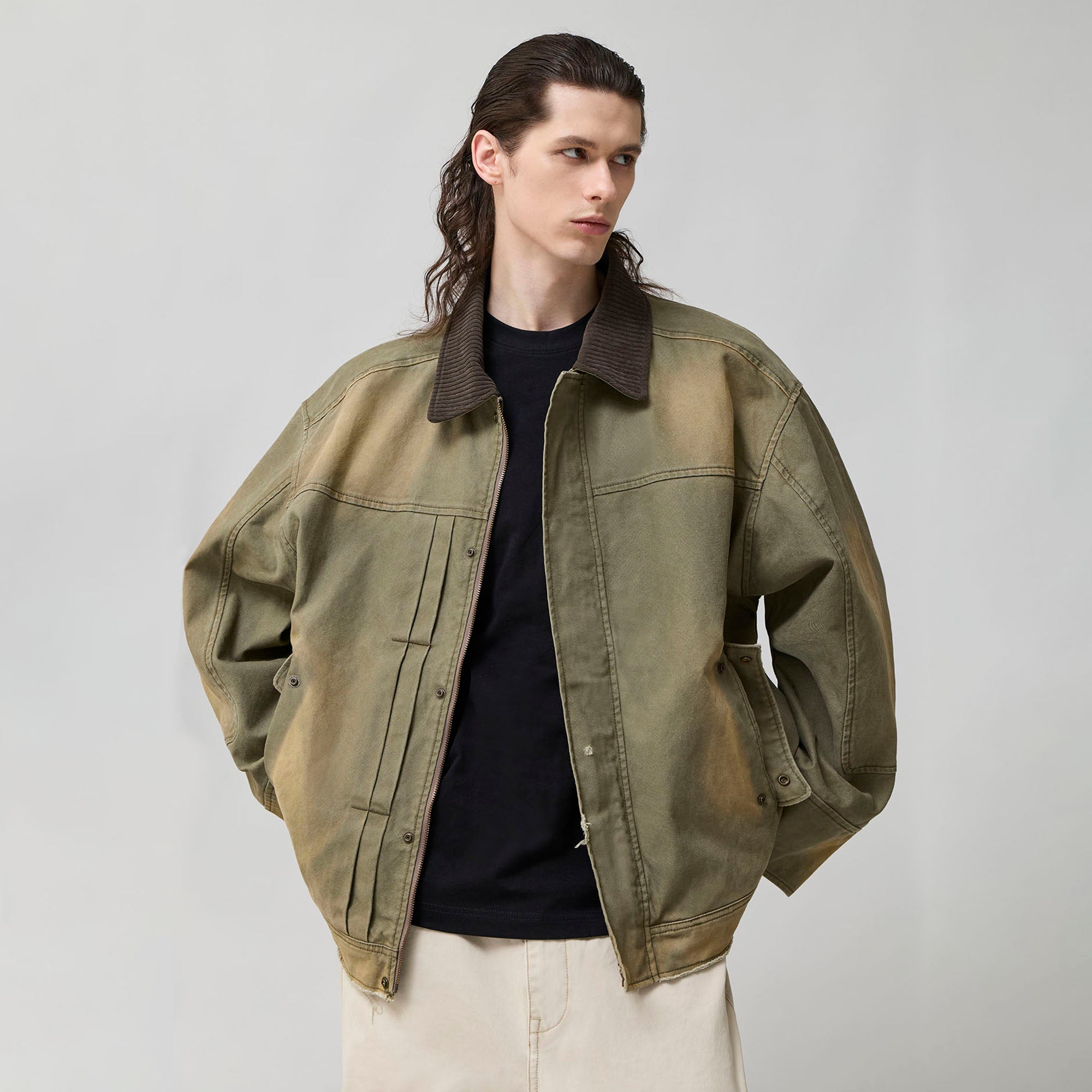 ORGANIC EMOTION Washed Contrast Collar Oversized Snap Jacket
