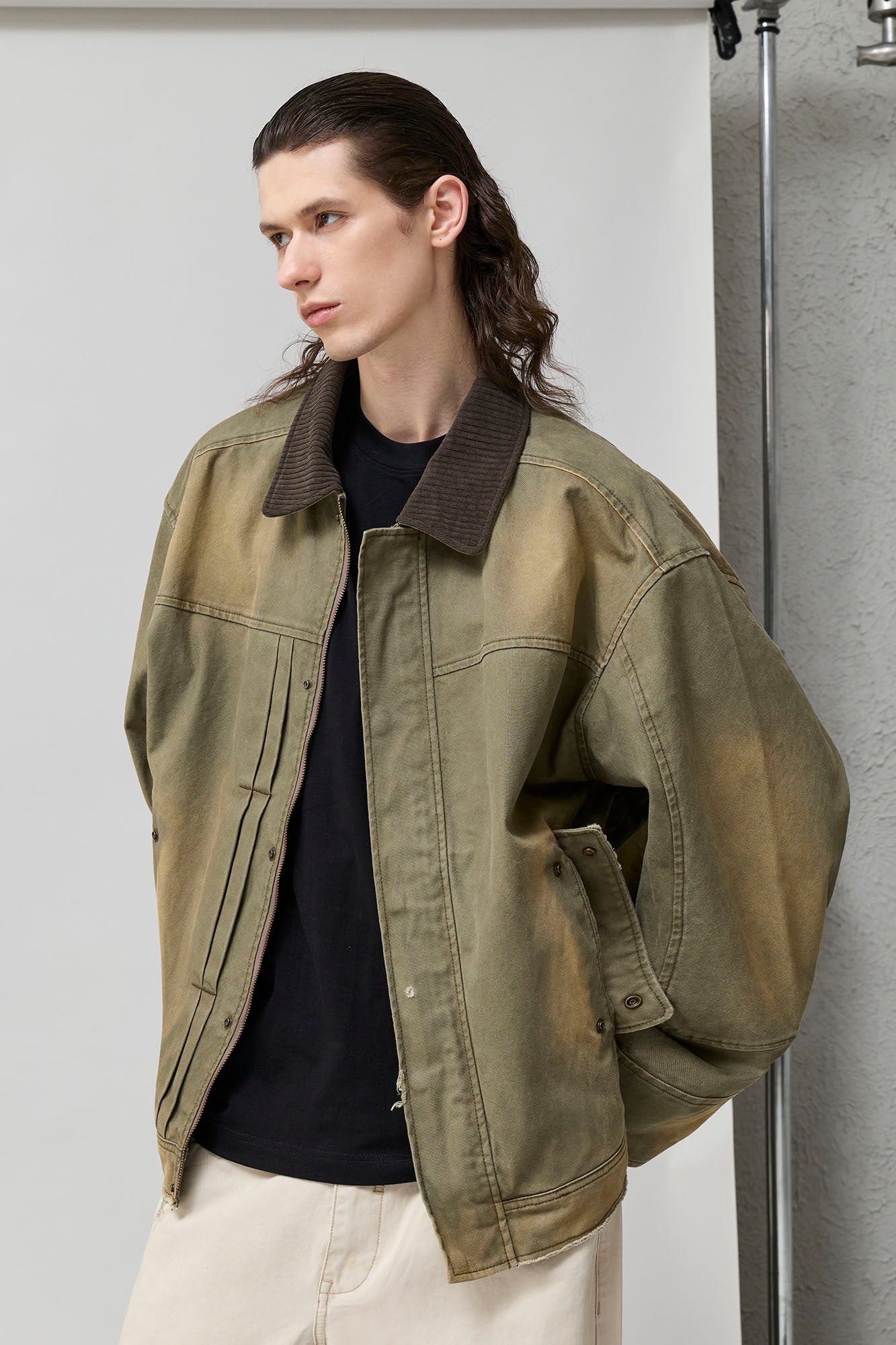 ORGANIC EMOTION Washed Contrast Collar Oversized Snap Jacket