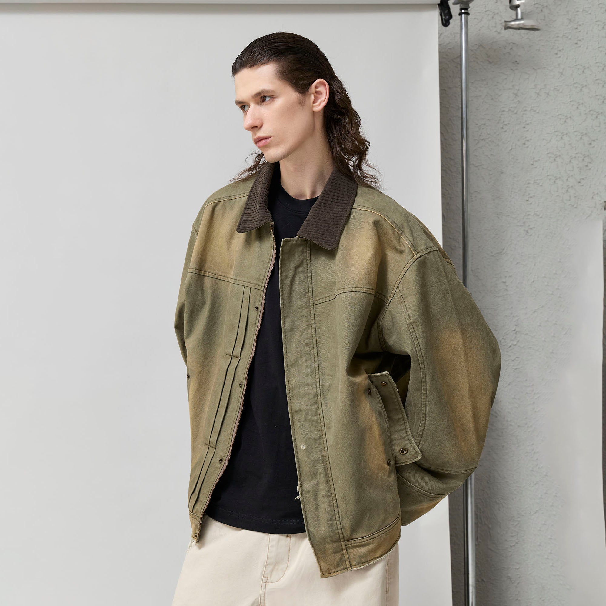 ORGANIC EMOTION Washed Contrast Collar Oversized Snap Jacket