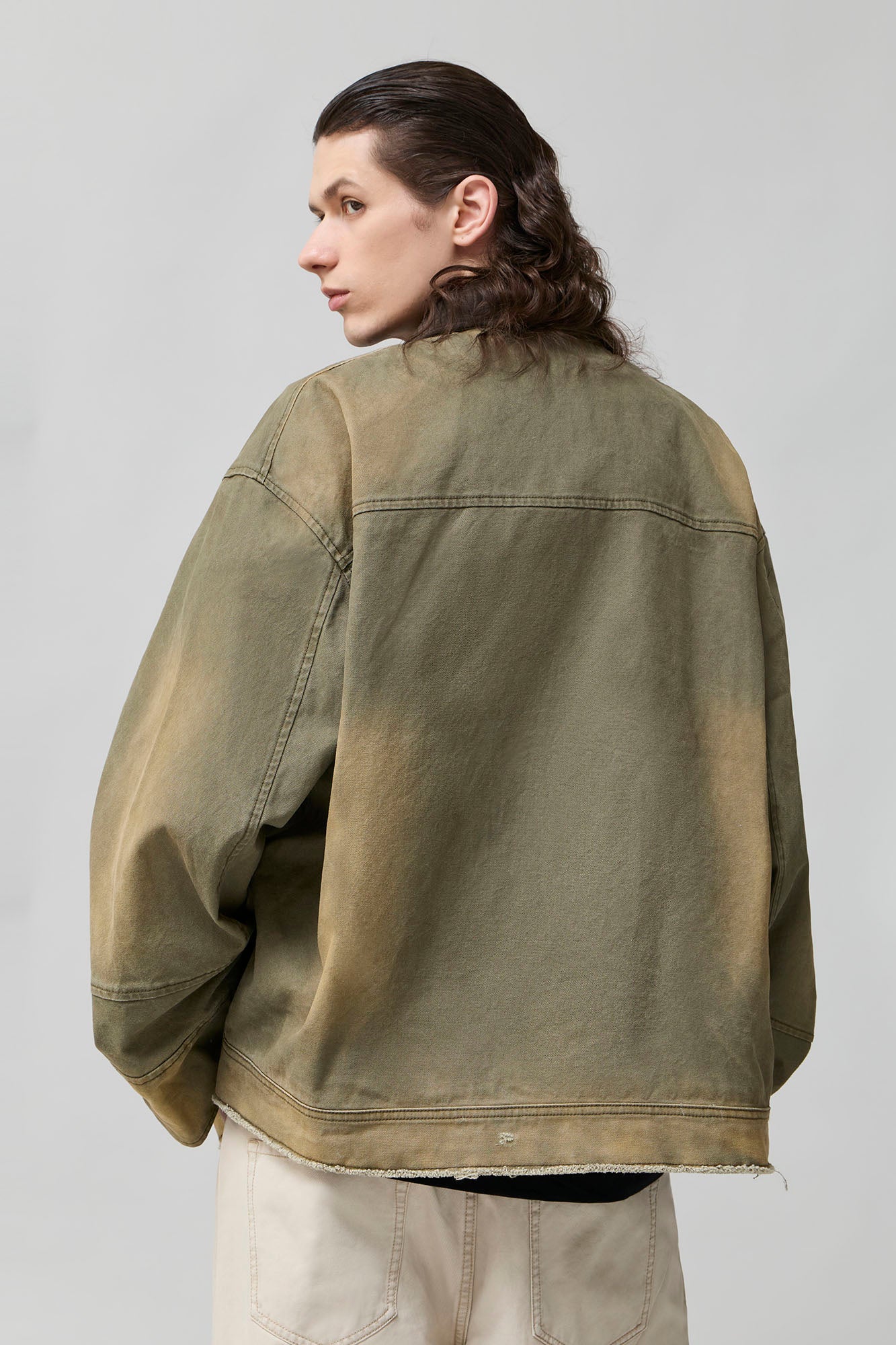 ORGANIC EMOTION Washed Contrast Collar Oversized Snap Jacket