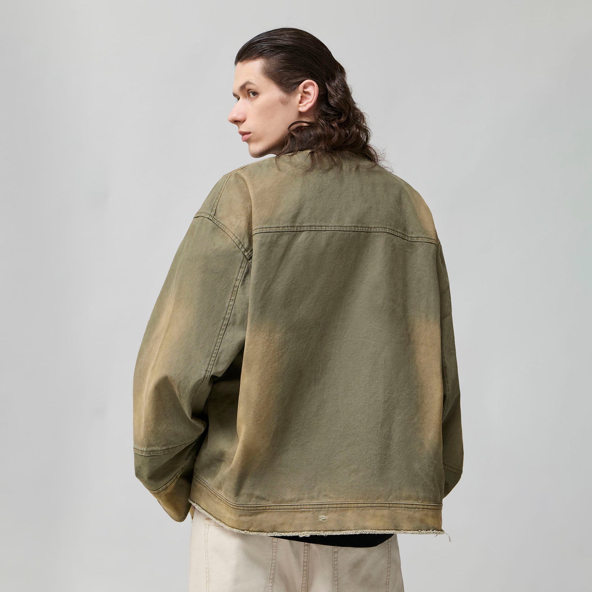ORGANIC EMOTION Washed Contrast Collar Oversized Snap Jacket