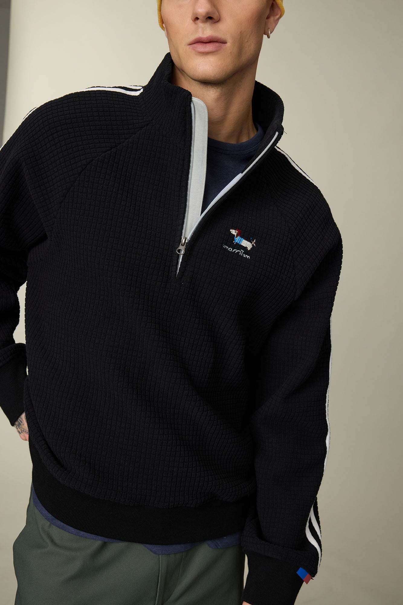UMAMIISM Waffle Side Stripe Embroidered Half-Zip Pullover, premium urban and streetwear designers apparel on PROJECTISR.com, UMAMIISM