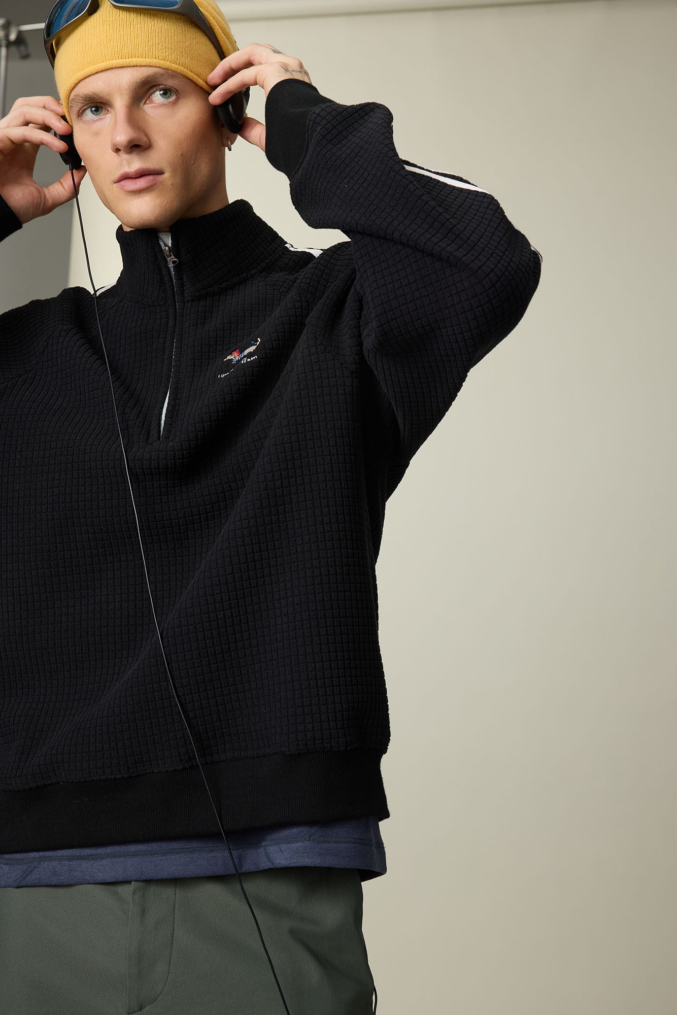 UMAMIISM Waffle Side Stripe Embroidered Half-Zip Pullover, premium urban and streetwear designers apparel on PROJECTISR.com, UMAMIISM