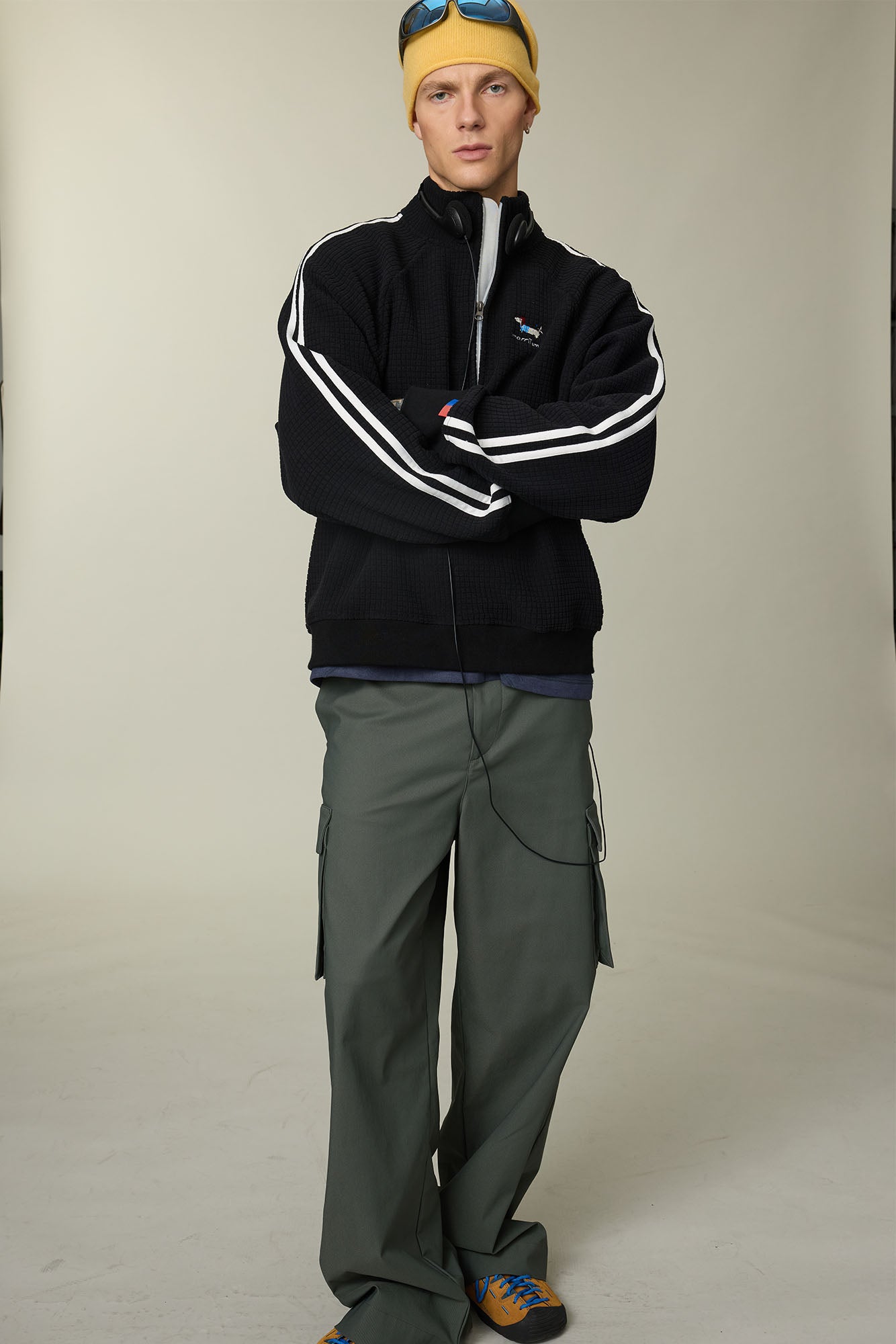 UMAMIISM Waffle Side Stripe Embroidered Half-Zip Pullover, premium urban and streetwear designers apparel on PROJECTISR.com, UMAMIISM